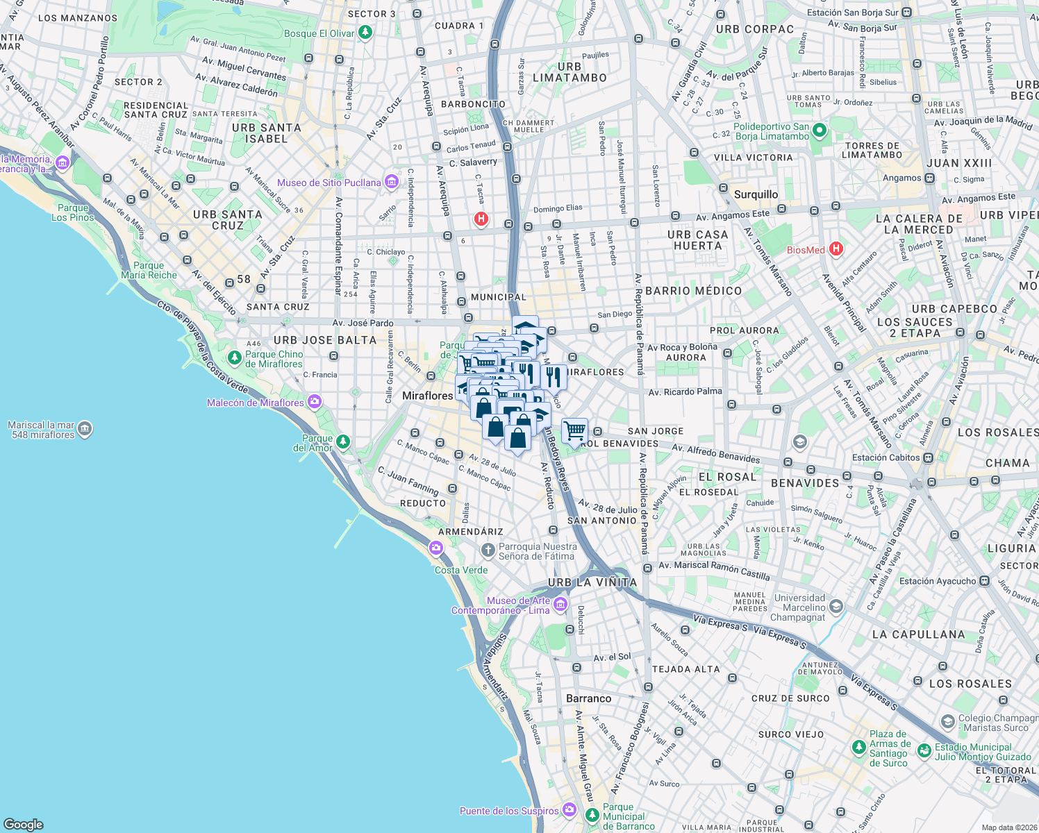 map of restaurants, bars, coffee shops, grocery stores, and more near 701 Avenida Alfredo Benavides in Miraflores