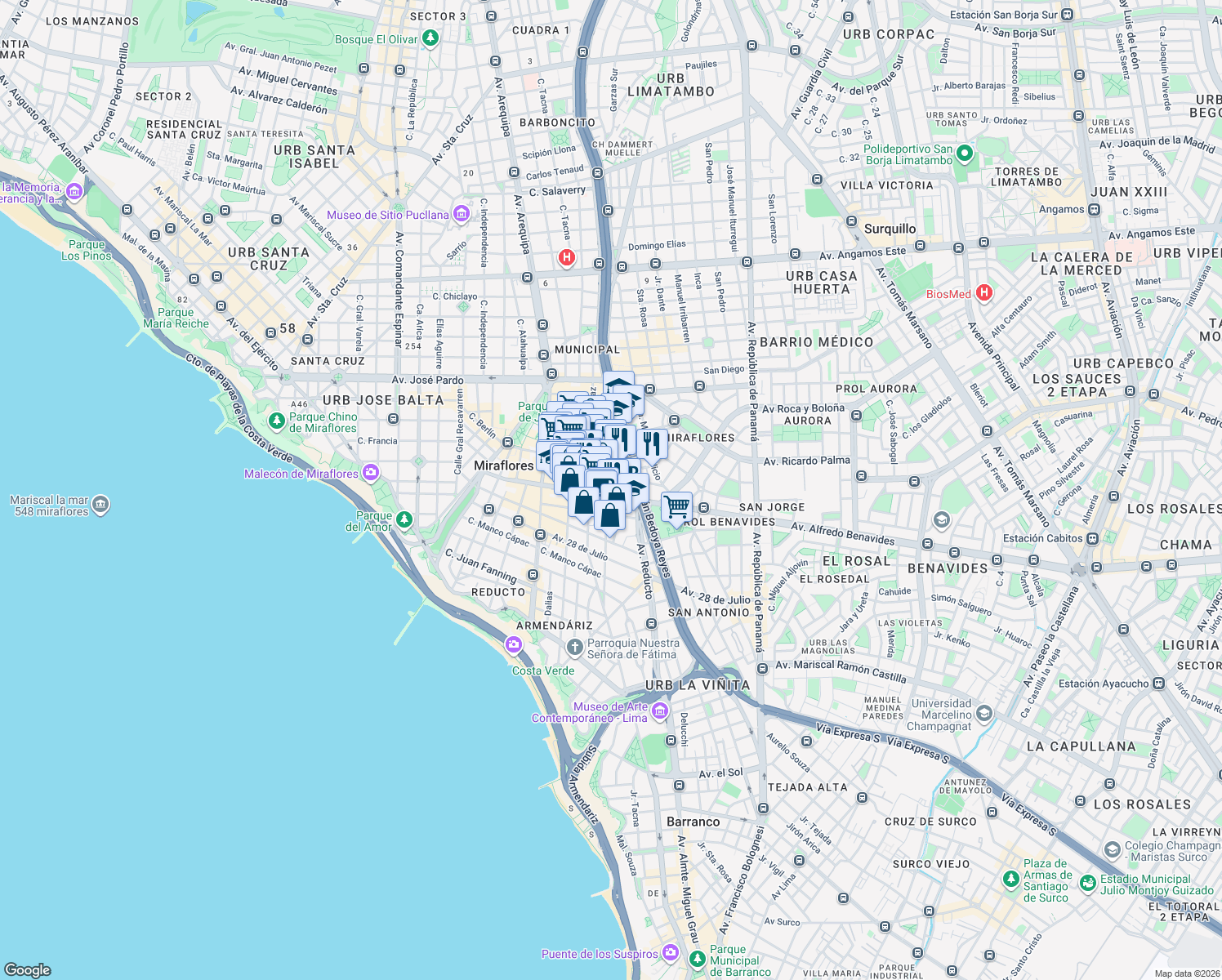 map of restaurants, bars, coffee shops, grocery stores, and more near 701 Avenida Alfredo Benavides in Miraflores