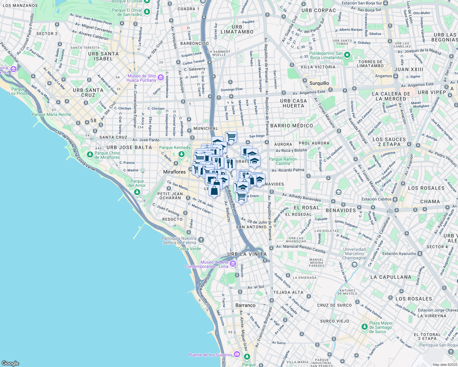 map of restaurants, bars, coffee shops, grocery stores, and more near 5895 Avenida Paseo de la República in Miraflores