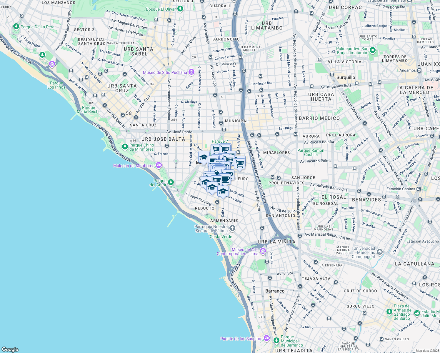 map of restaurants, bars, coffee shops, grocery stores, and more near Avenida José Larco in Miraflores