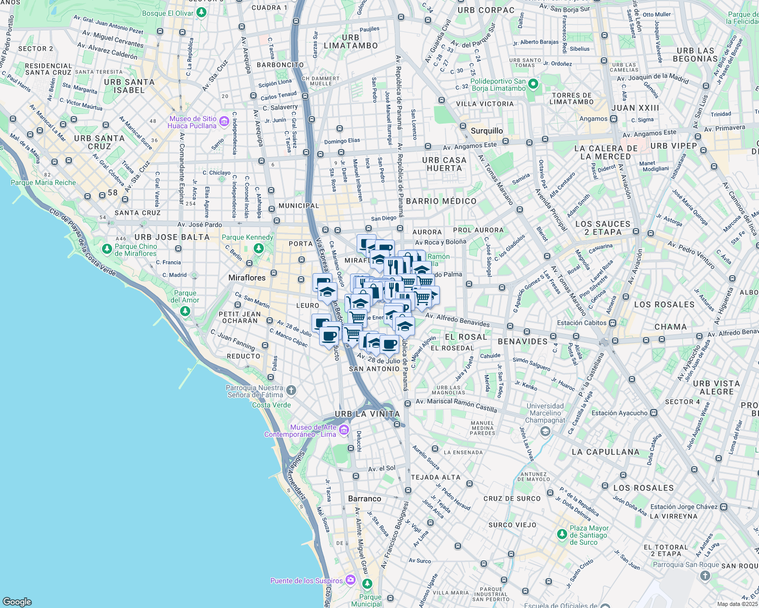 map of restaurants, bars, coffee shops, grocery stores, and more near AV Alfredo Benavides in Lima