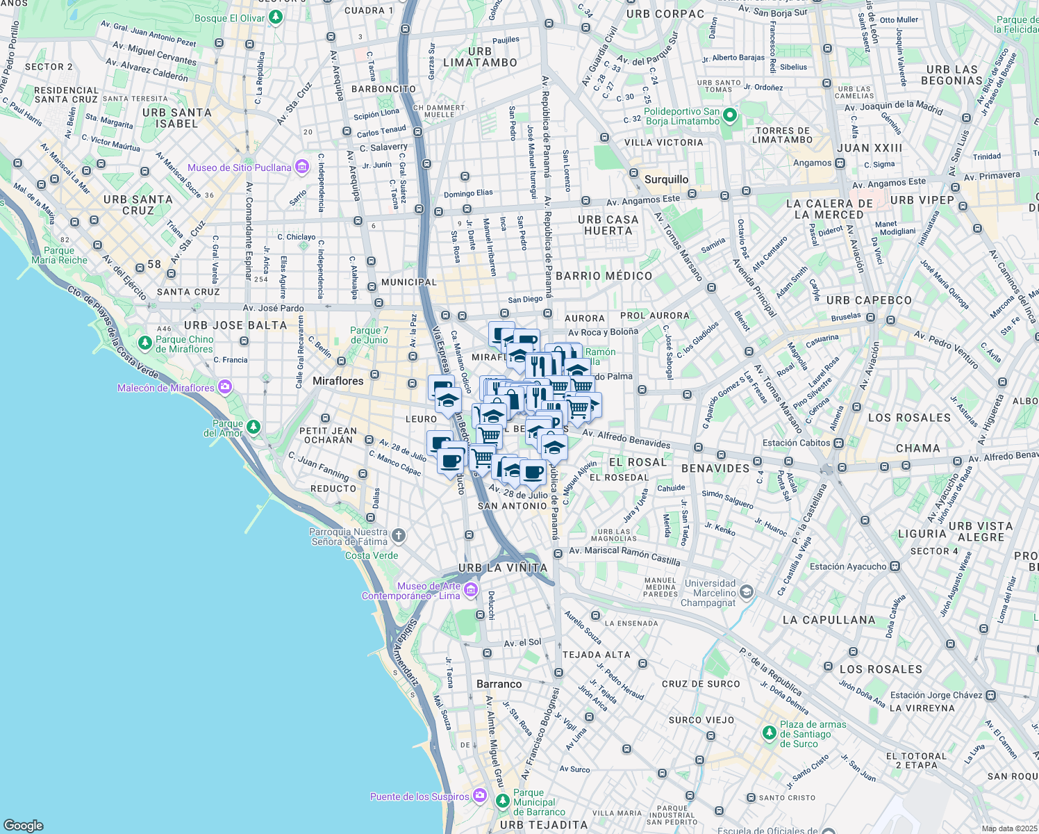 map of restaurants, bars, coffee shops, grocery stores, and more near AV Alfredo Benavides in Lima