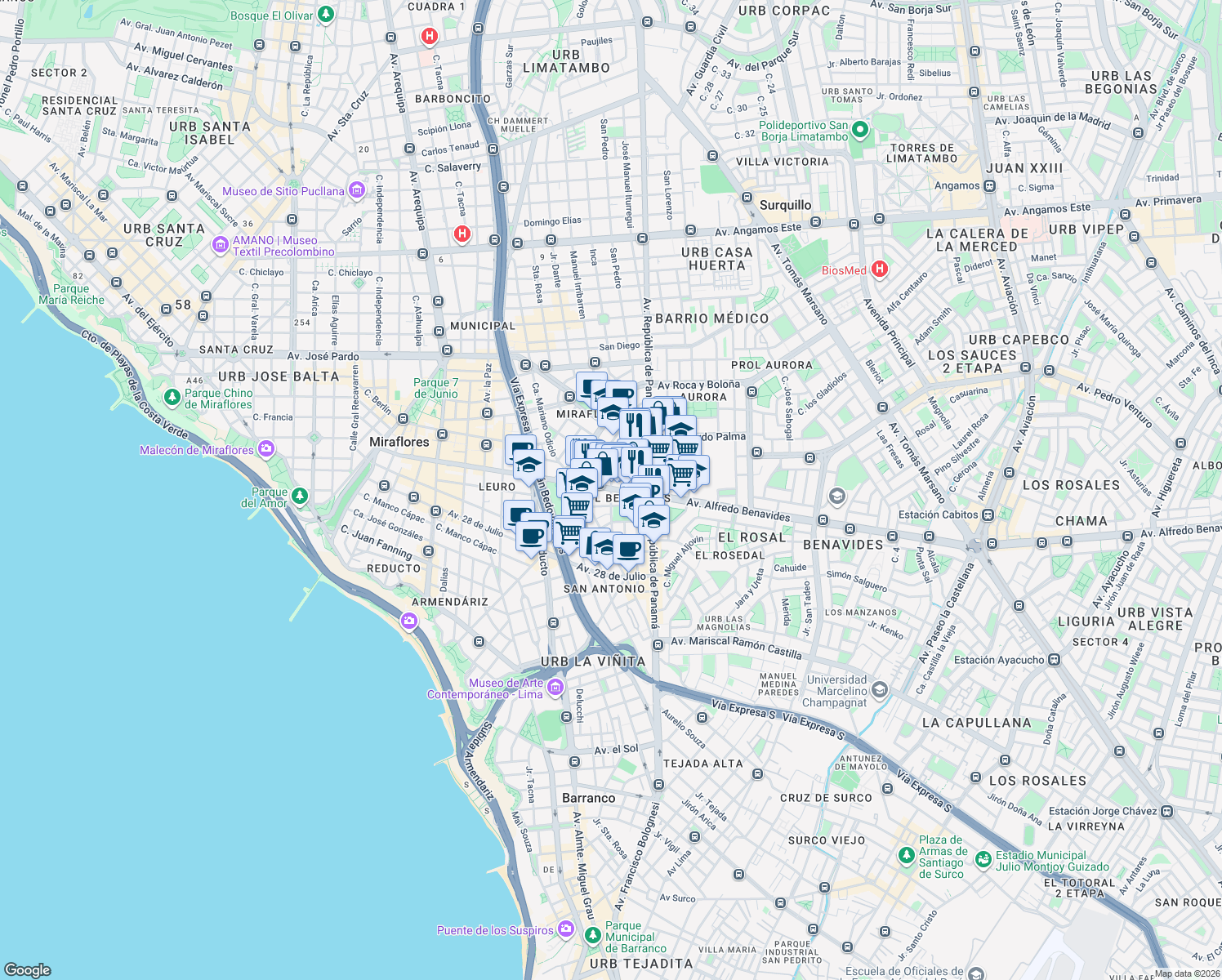 map of restaurants, bars, coffee shops, grocery stores, and more near Calle Julián Arias Aragüez in Miraflores