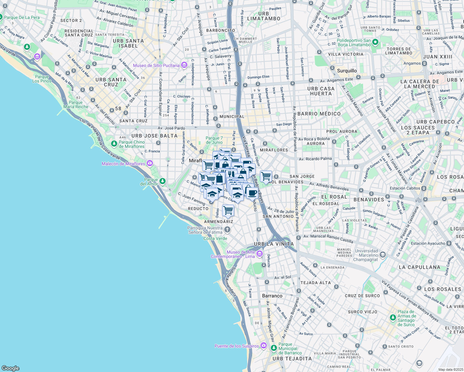 map of restaurants, bars, coffee shops, grocery stores, and more near Avenida la Paz in Miraflores