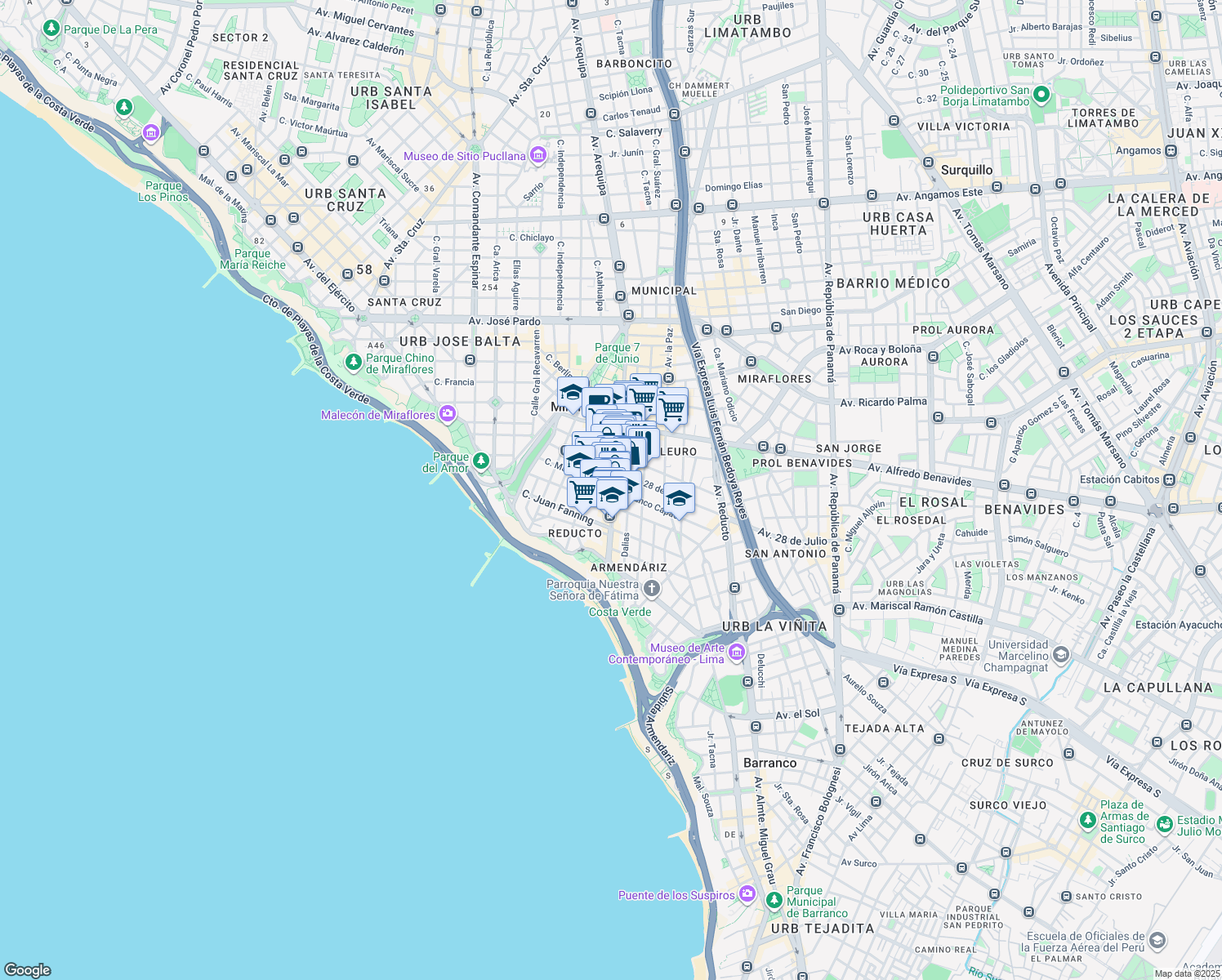 map of restaurants, bars, coffee shops, grocery stores, and more near 1010 Avenida José Larco in Lima