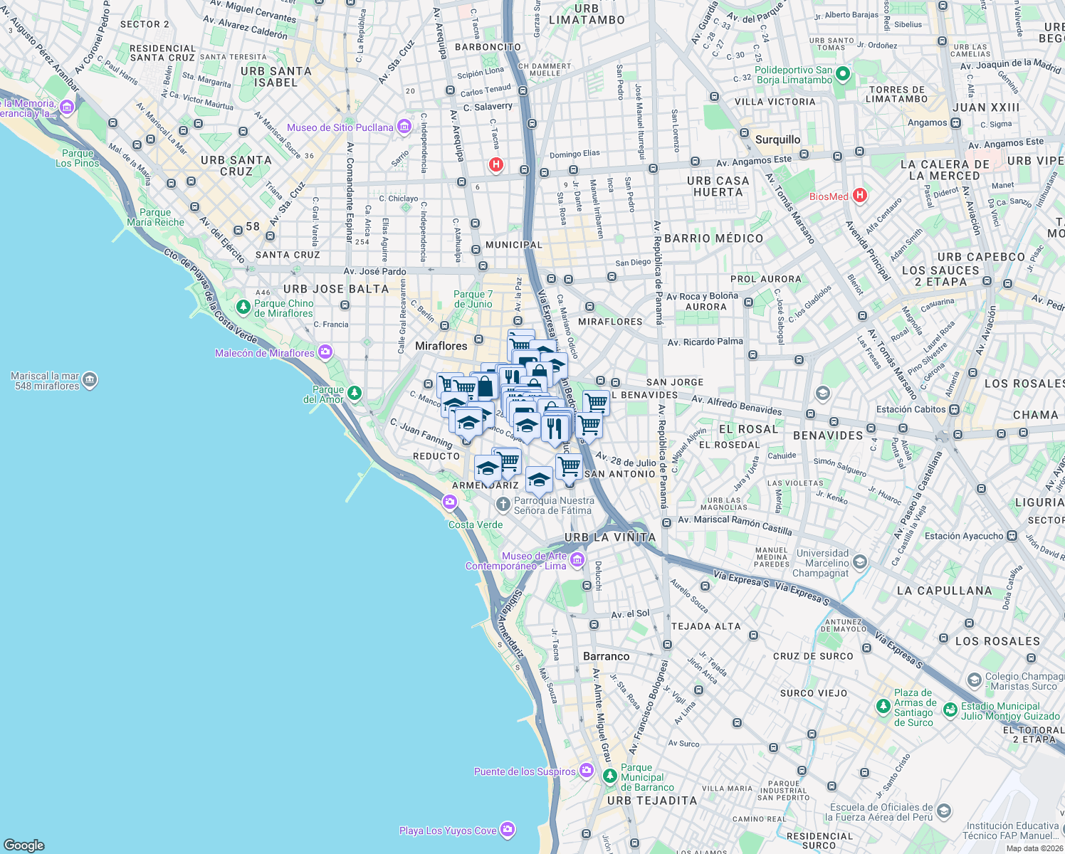map of restaurants, bars, coffee shops, grocery stores, and more near 1003 Avenida 28 de Julio in Miraflores