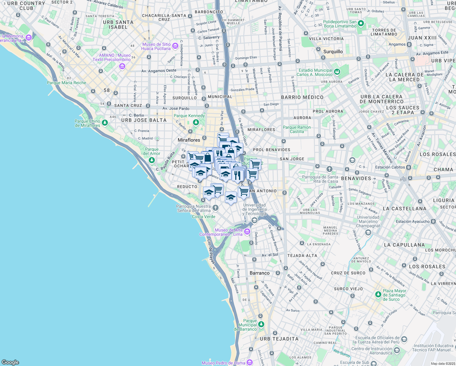 map of restaurants, bars, coffee shops, grocery stores, and more near 701 Calle Grimaldo del Solar in Miraflores