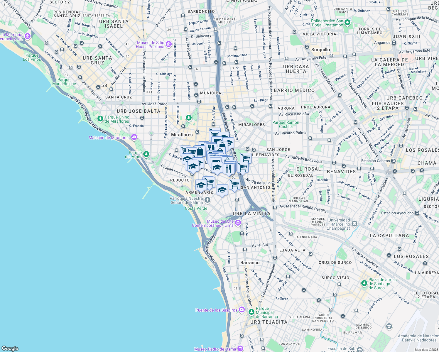 map of restaurants, bars, coffee shops, grocery stores, and more near 701 Calle Grimaldo del Solar in Miraflores