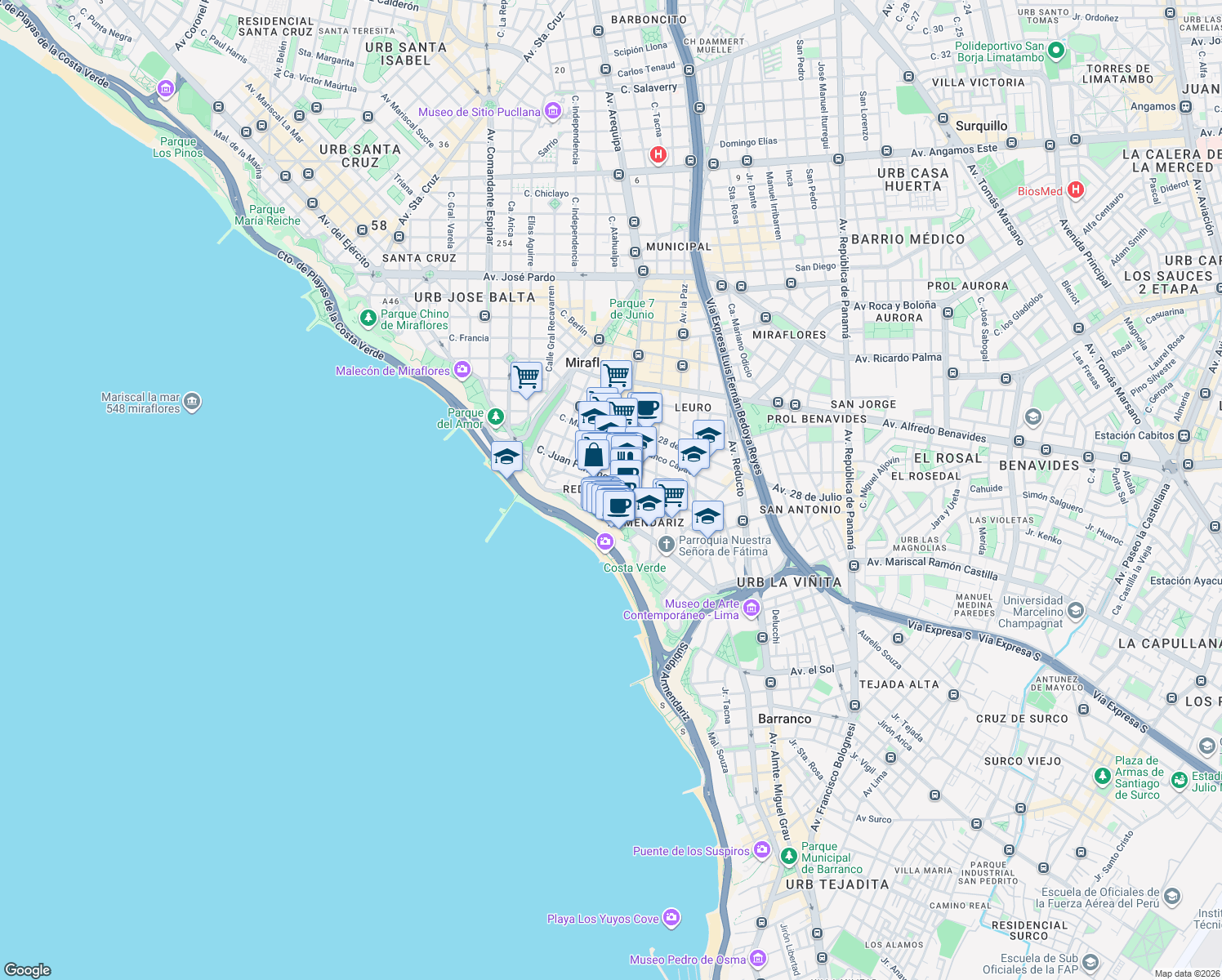 map of restaurants, bars, coffee shops, grocery stores, and more near 656 Calle Diego Ferré in Miraflores