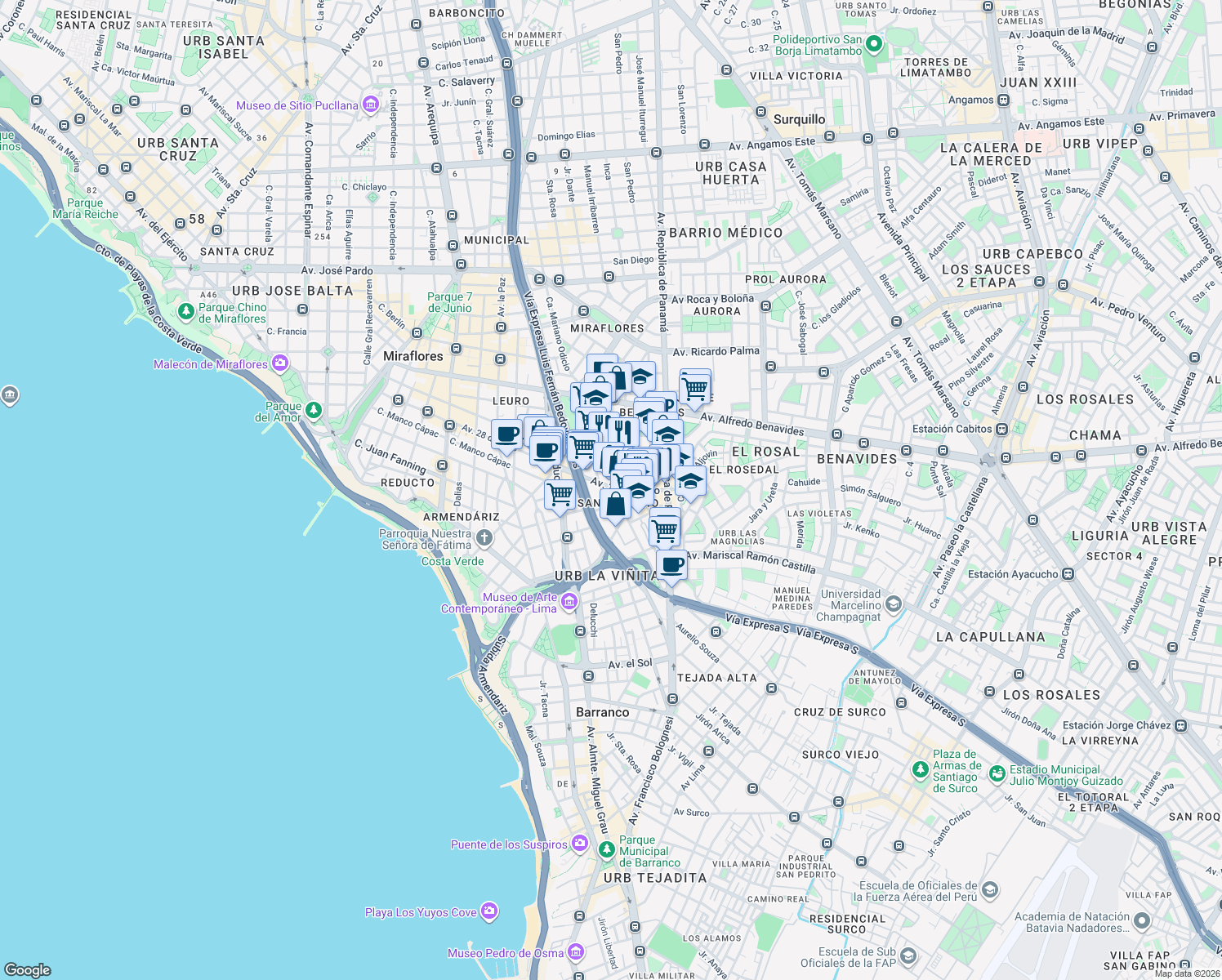 map of restaurants, bars, coffee shops, grocery stores, and more near 1172 Avenida 28 de Julio in Miraflores