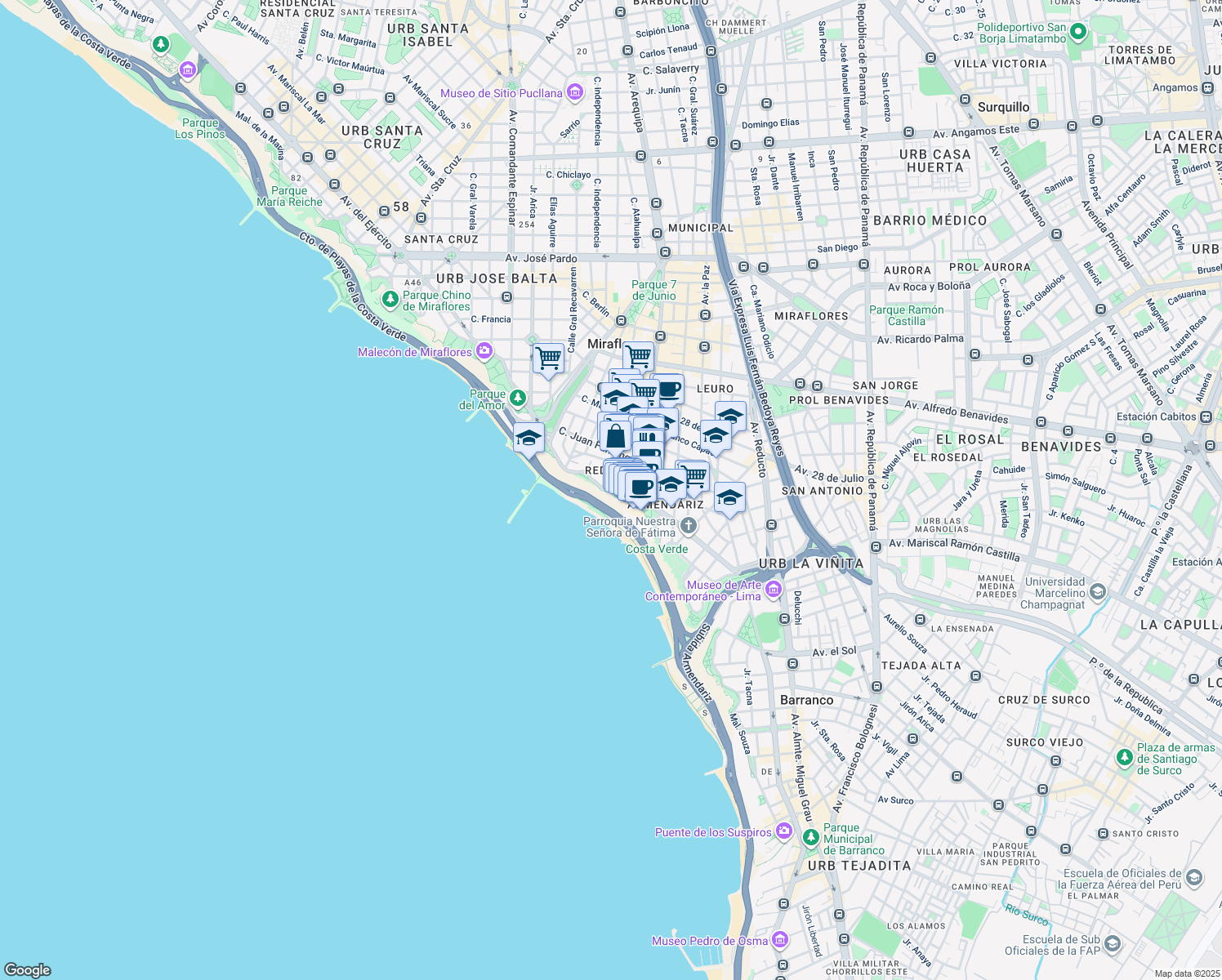 map of restaurants, bars, coffee shops, grocery stores, and more near Malecón de la Reserva in Miraflores