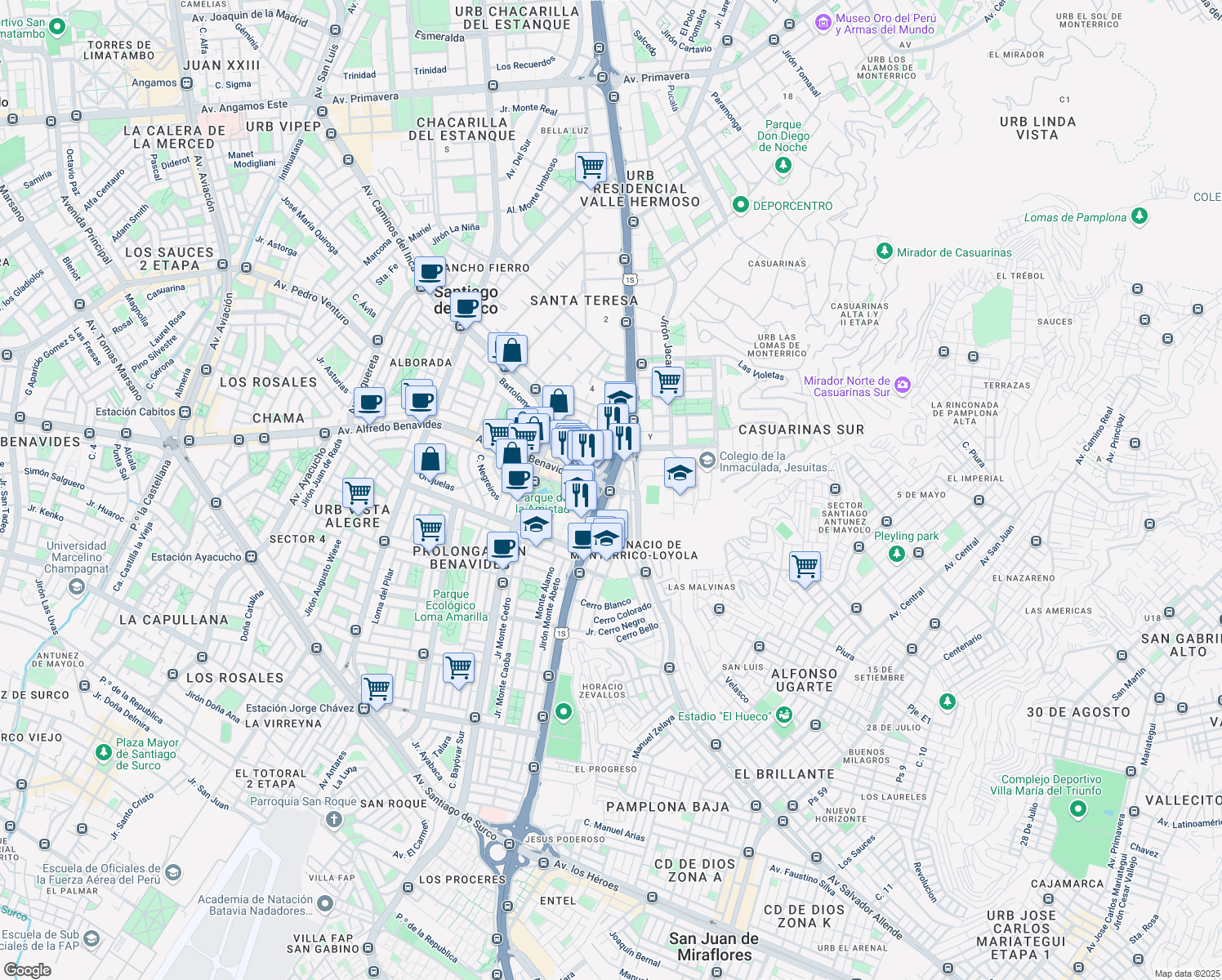 map of restaurants, bars, coffee shops, grocery stores, and more near 19 Avenida Alfredo Benavides in Santiago de Surco