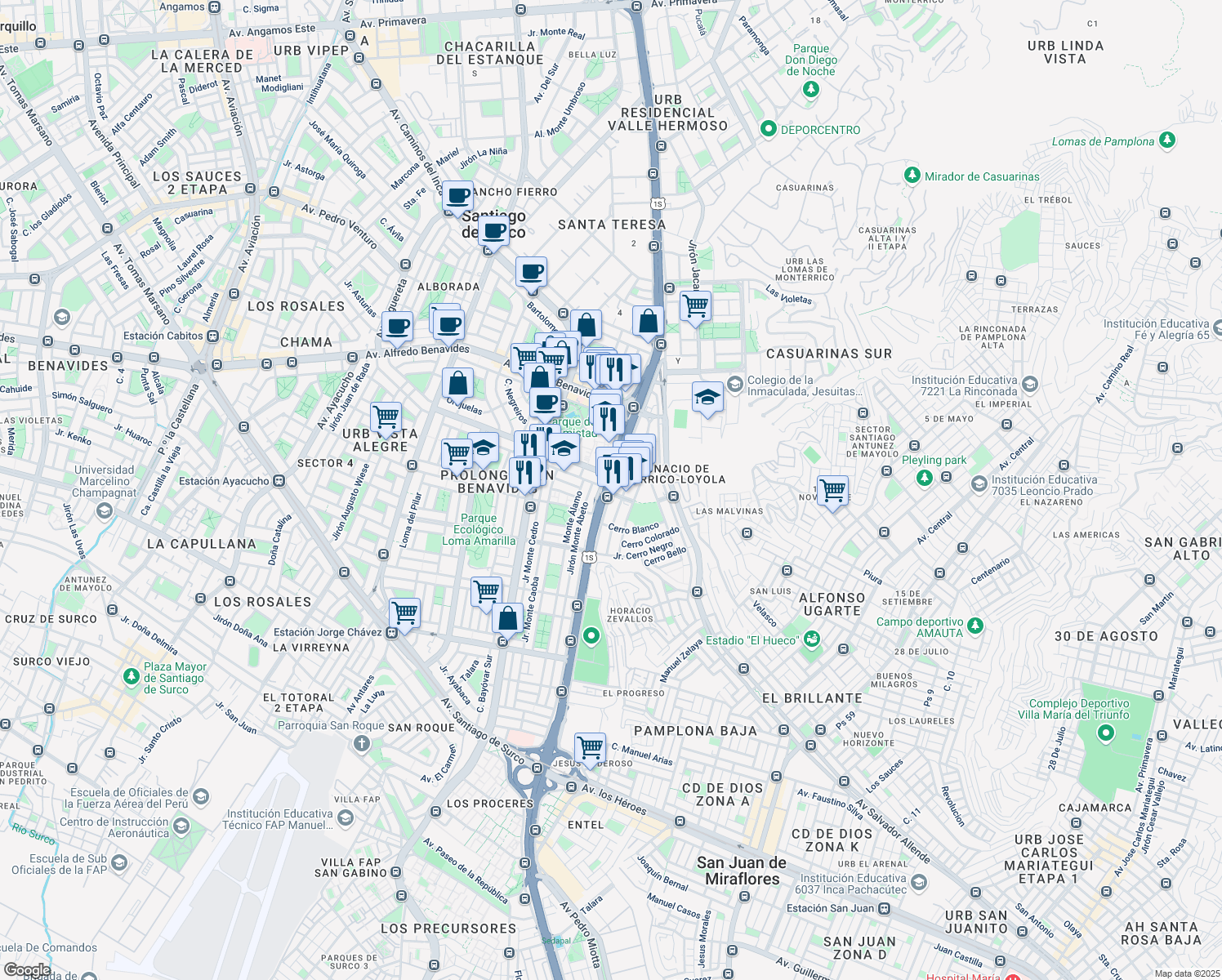 map of restaurants, bars, coffee shops, grocery stores, and more near 134 Avenida Circunvalación in Santiago de Surco