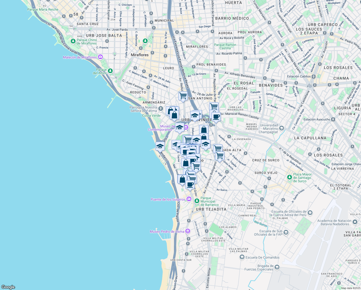 map of restaurants, bars, coffee shops, grocery stores, and more near Avenida el Sol Oeste in Barranco