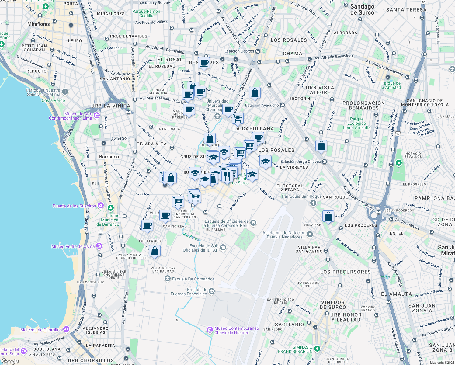 map of restaurants, bars, coffee shops, grocery stores, and more near 342 Batalla de Ayacucho in Distrito de Lima