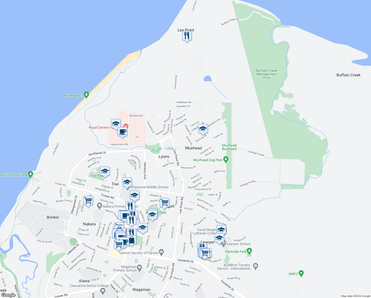 map of restaurants, bars, coffee shops, grocery stores, and more near 8 Ivinson Street in Muirhead