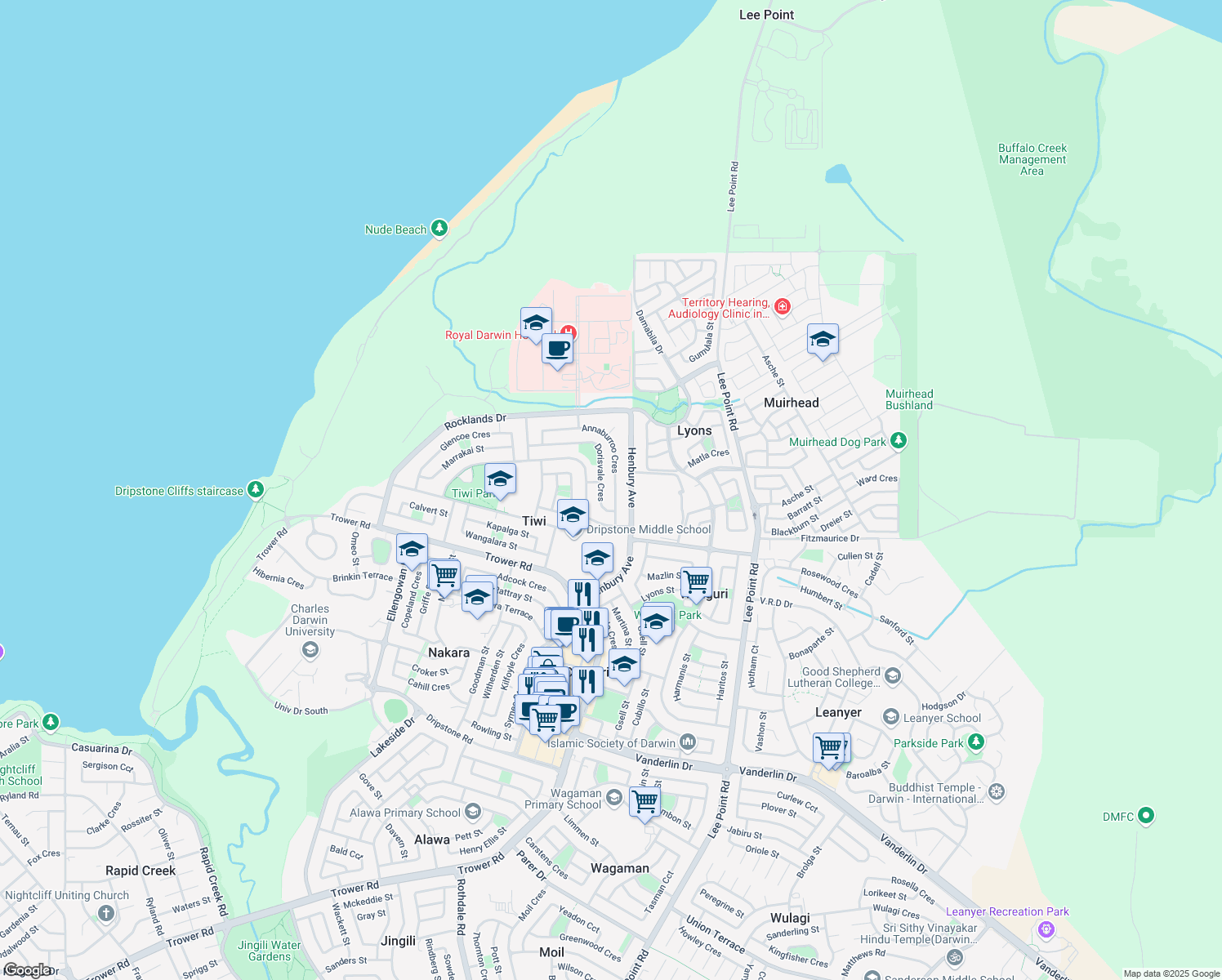 map of restaurants, bars, coffee shops, grocery stores, and more near 15 Annaburroo Crescent in Tiwi