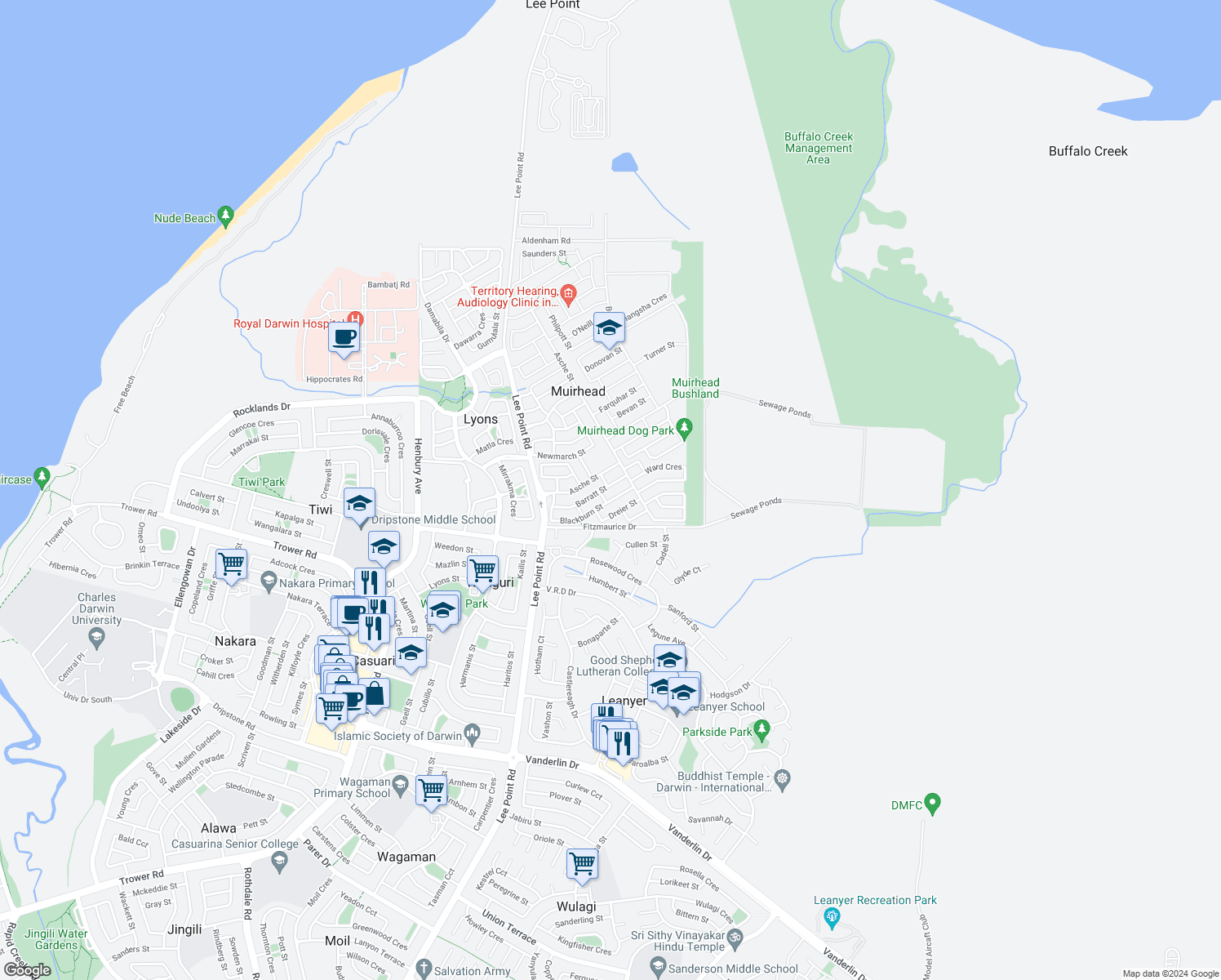 map of restaurants, bars, coffee shops, grocery stores, and more near 30 Barratt Street in Muirhead