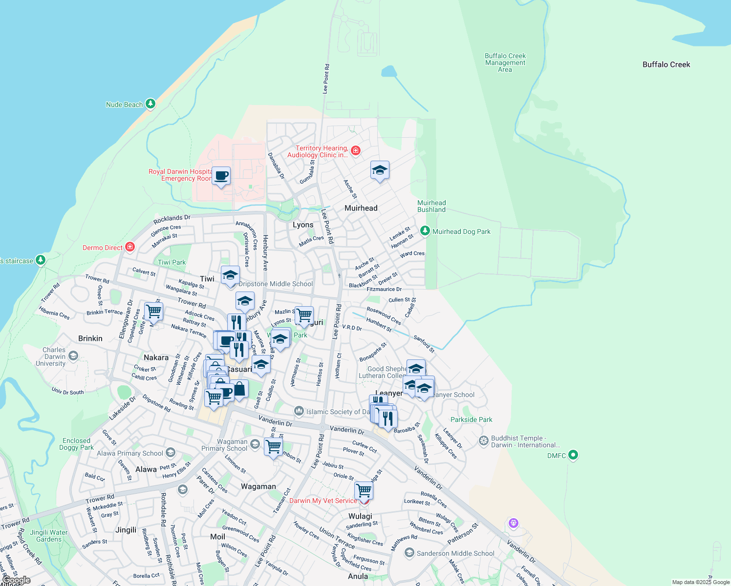 map of restaurants, bars, coffee shops, grocery stores, and more near 2 Armstrong Street in Leanyer