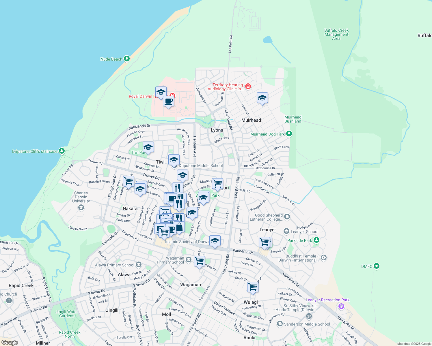 map of restaurants, bars, coffee shops, grocery stores, and more near 21 Tambling Terrace in Wanguri
