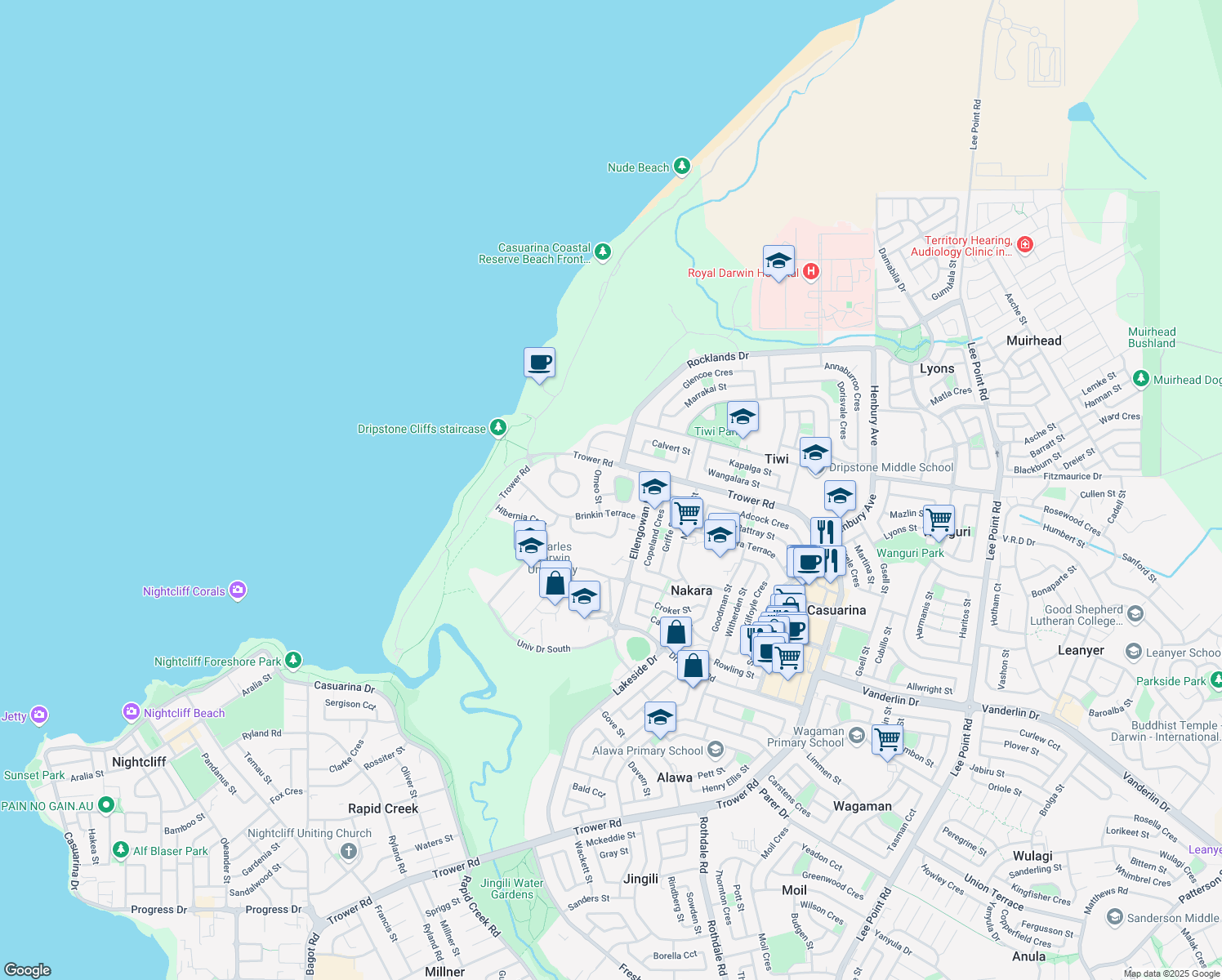 map of restaurants, bars, coffee shops, grocery stores, and more near 3 Airlie Circuit in Brinkin