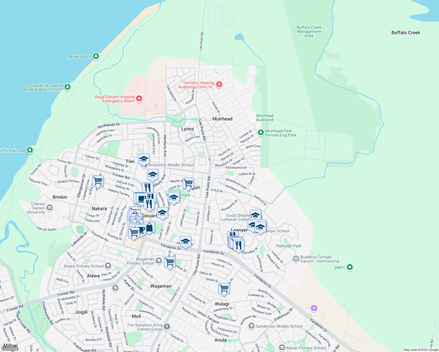 map of restaurants, bars, coffee shops, grocery stores, and more near 25 Rosewood Crescent in Leanyer