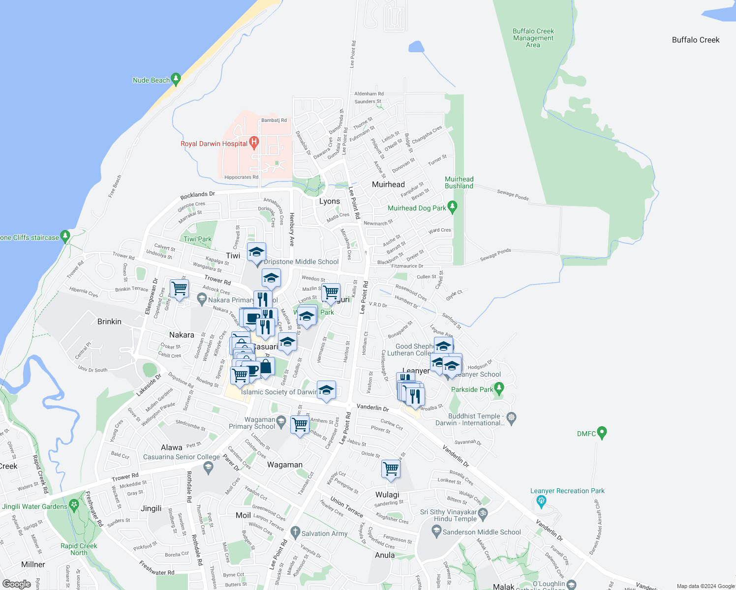 map of restaurants, bars, coffee shops, grocery stores, and more near 5 Rosewood Crescent in Leanyer