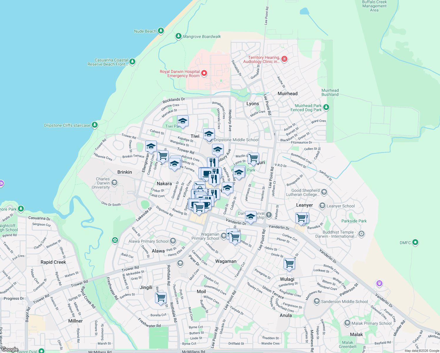 map of restaurants, bars, coffee shops, grocery stores, and more near 298 Trower Road in Wanguri