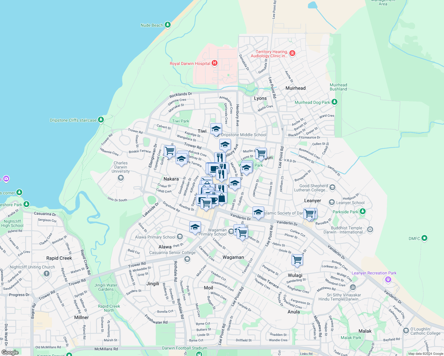 map of restaurants, bars, coffee shops, grocery stores, and more near 291 Trower Road in Casuarina