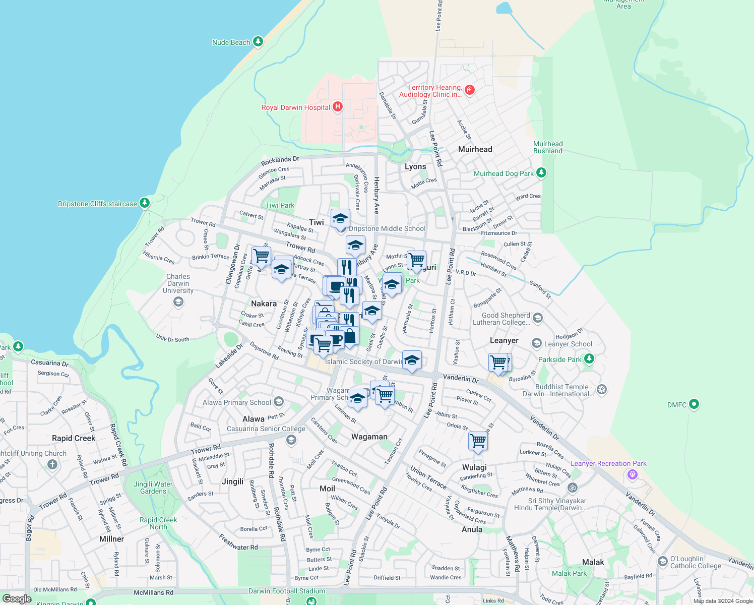 map of restaurants, bars, coffee shops, grocery stores, and more near 4 Strele Crescent in Wanguri