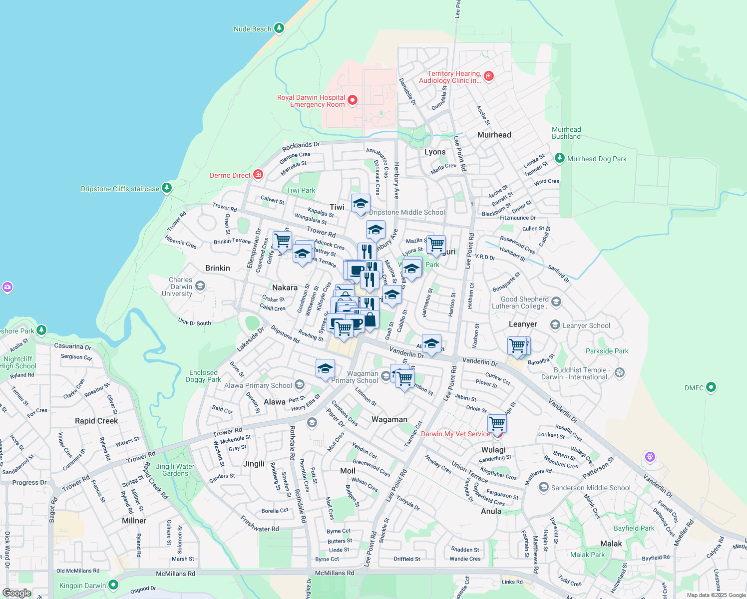 map of restaurants, bars, coffee shops, grocery stores, and more near 4/291 Trower Road in Casuarina