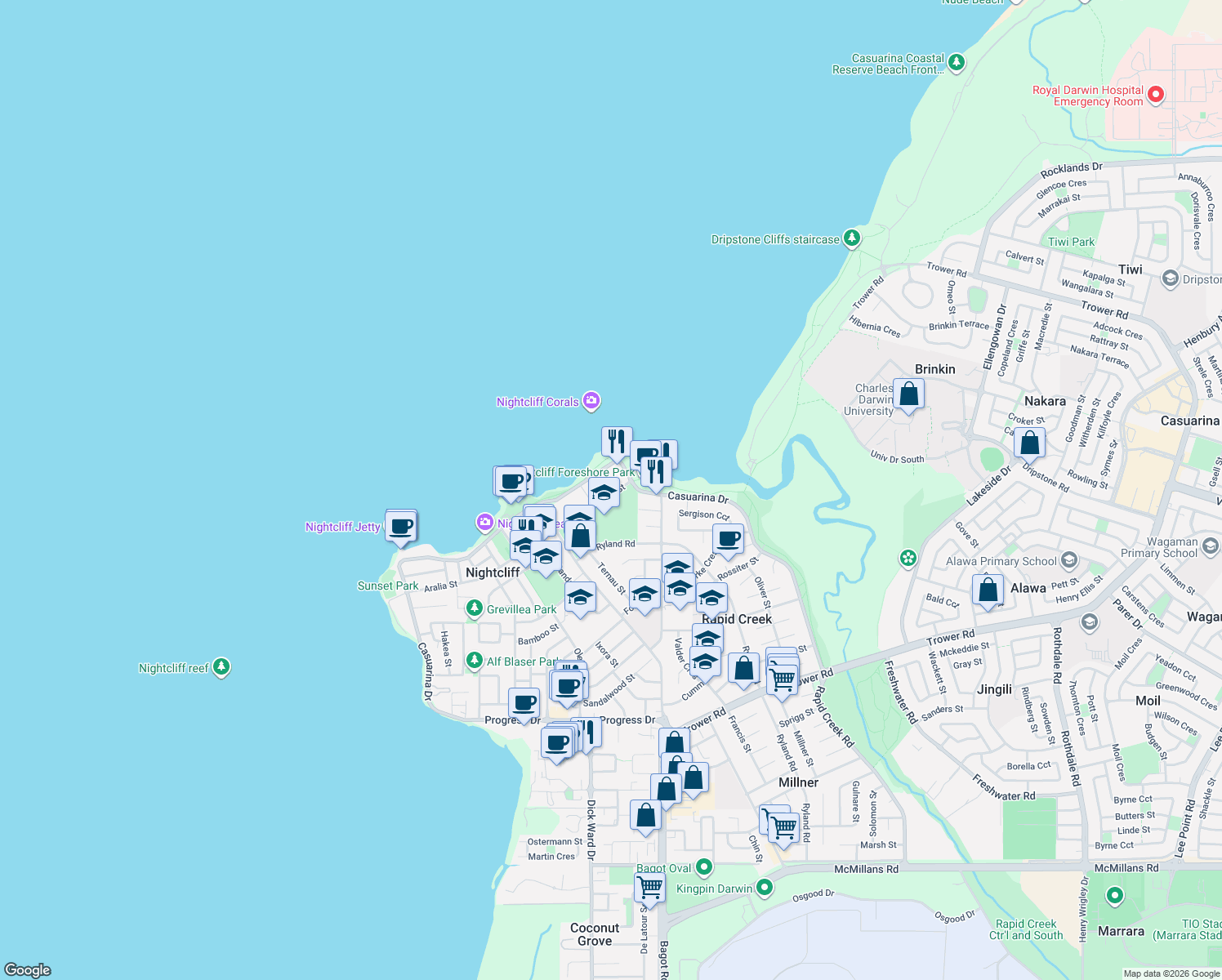 map of restaurants, bars, coffee shops, grocery stores, and more near 91 Aralia Street in Rapid Creek
