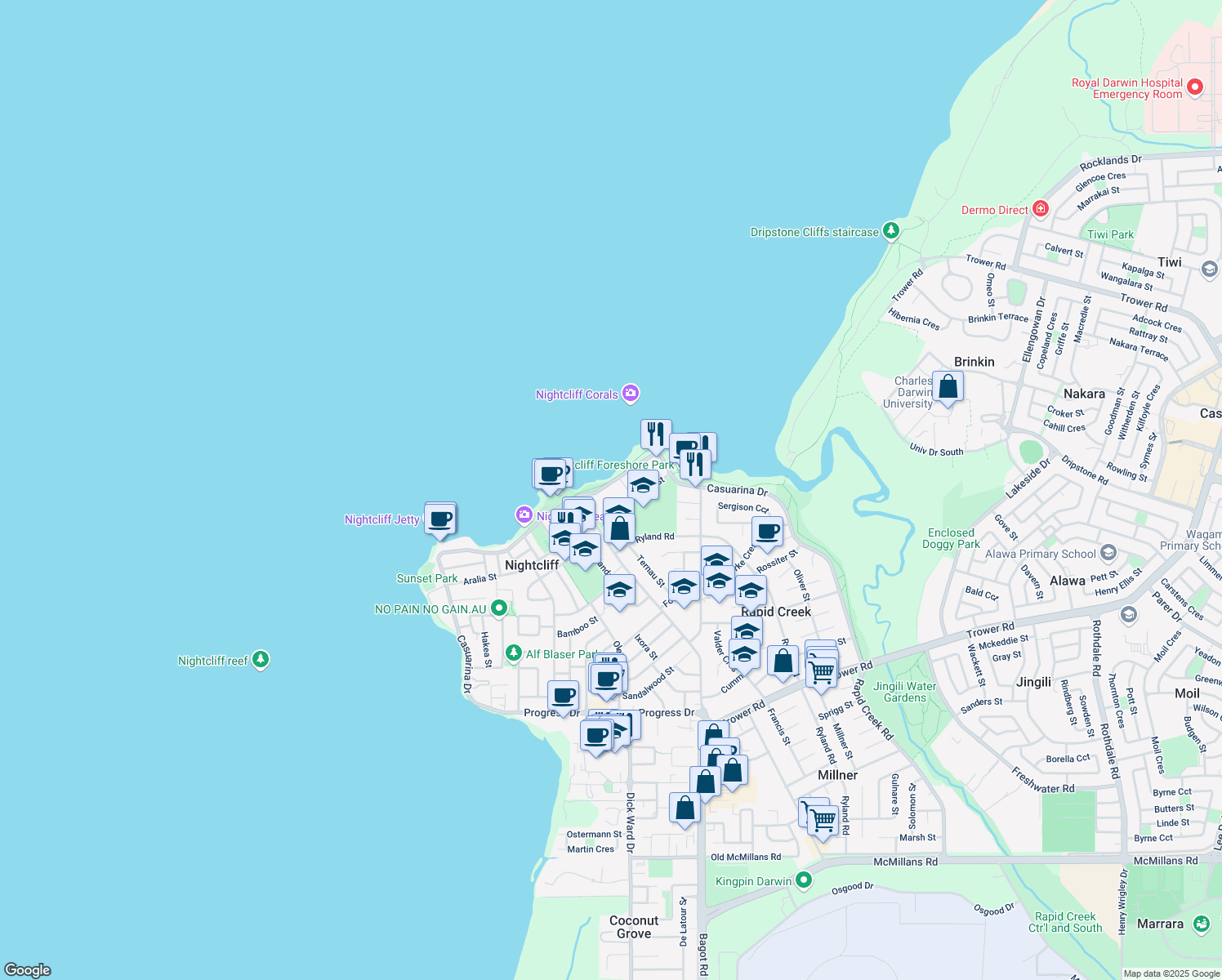 map of restaurants, bars, coffee shops, grocery stores, and more near 280 Casuarina Drive in Rapid Creek