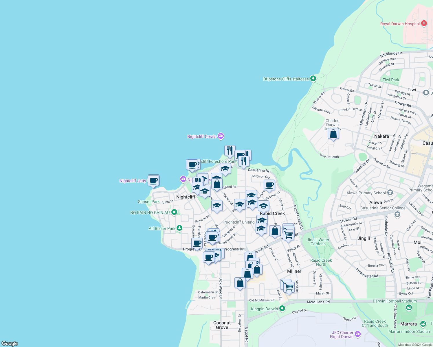 map of restaurants, bars, coffee shops, grocery stores, and more near 77 Aralia Street in Rapid Creek