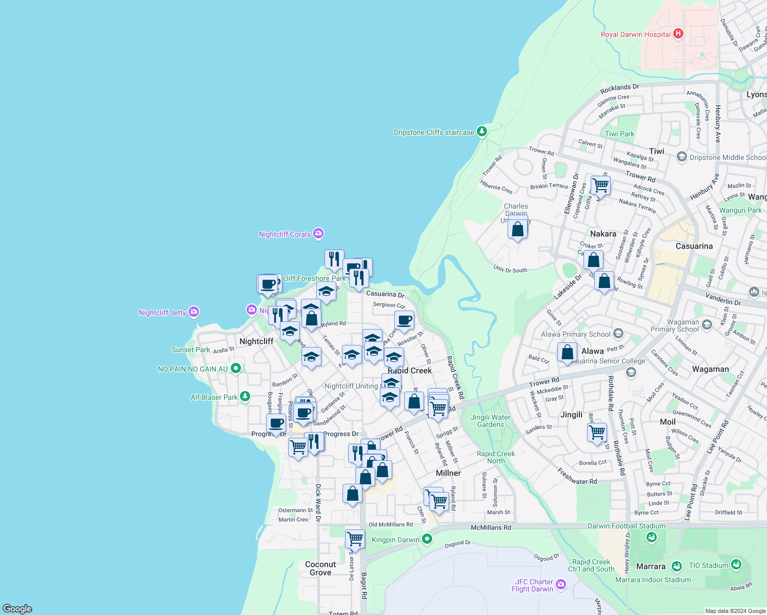 map of restaurants, bars, coffee shops, grocery stores, and more near 38 Sergison Circuit in Rapid Creek