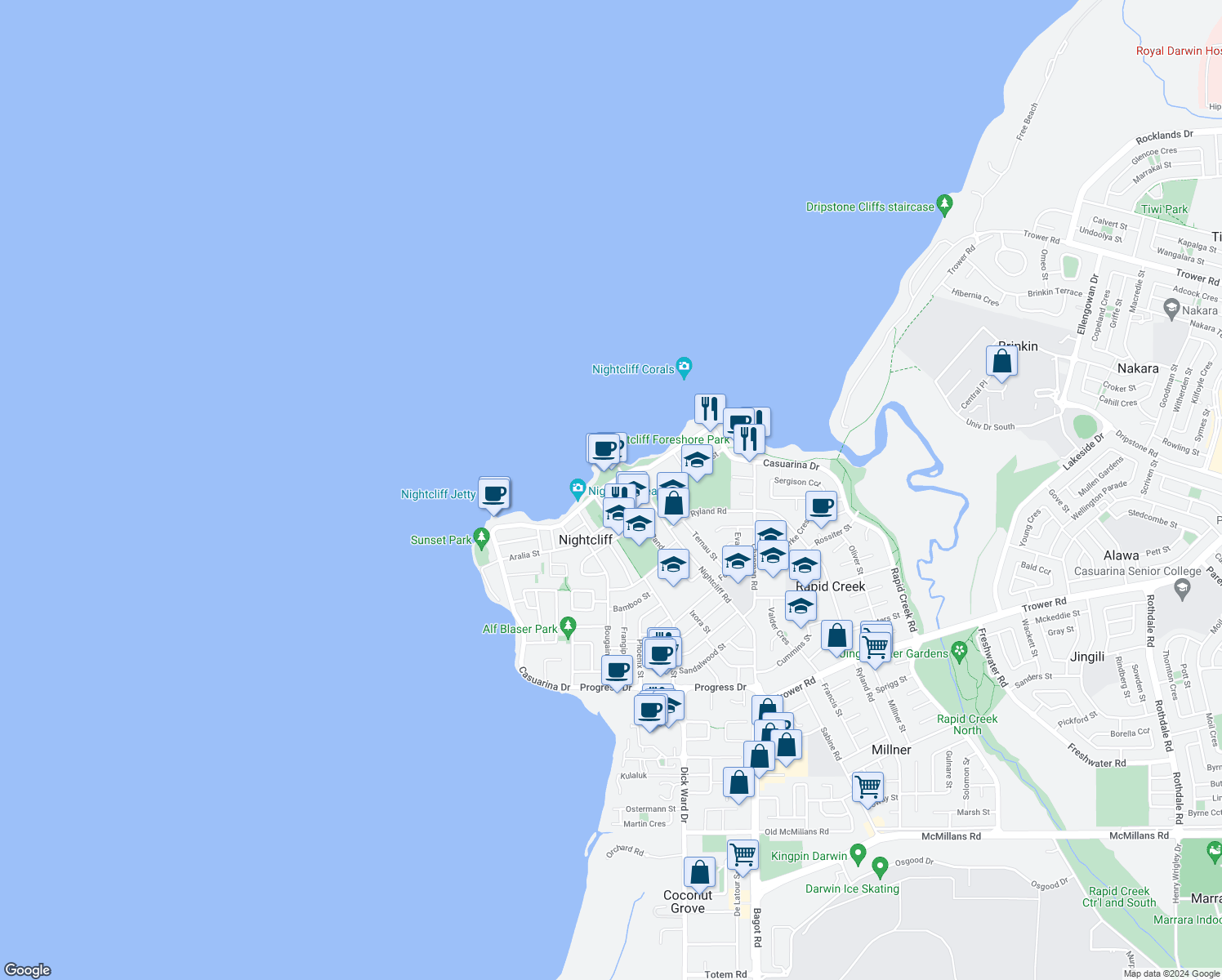 map of restaurants, bars, coffee shops, grocery stores, and more near 256 Casuarina Drive in Nightcliff