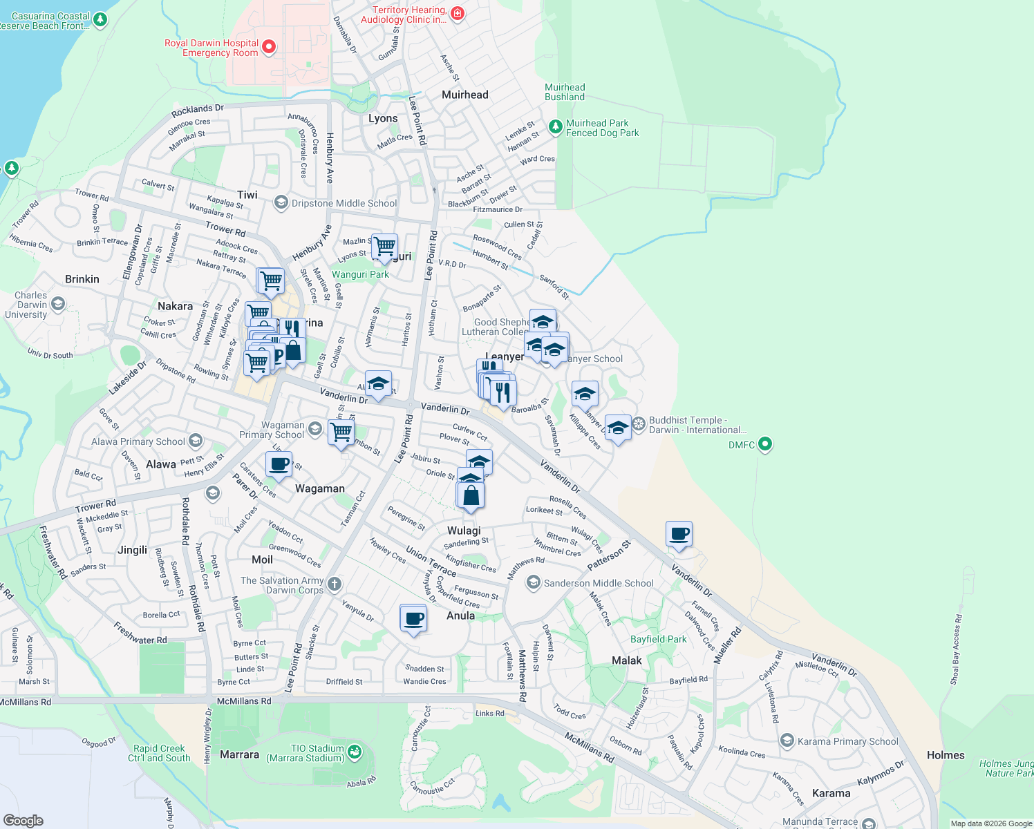 map of restaurants, bars, coffee shops, grocery stores, and more near 14 Baroalba Street in Leanyer