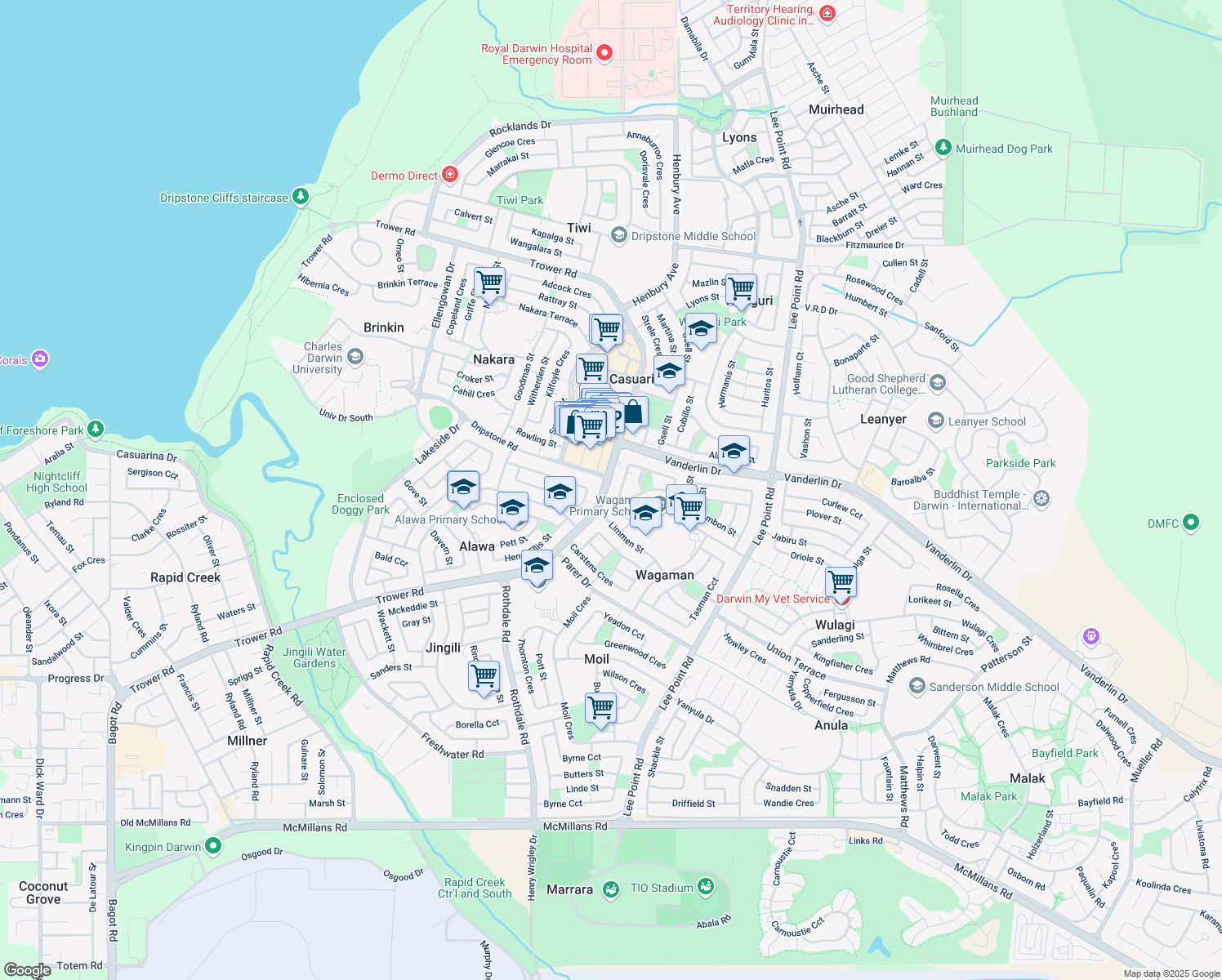 map of restaurants, bars, coffee shops, grocery stores, and more near 234 Trower Road in Wagaman