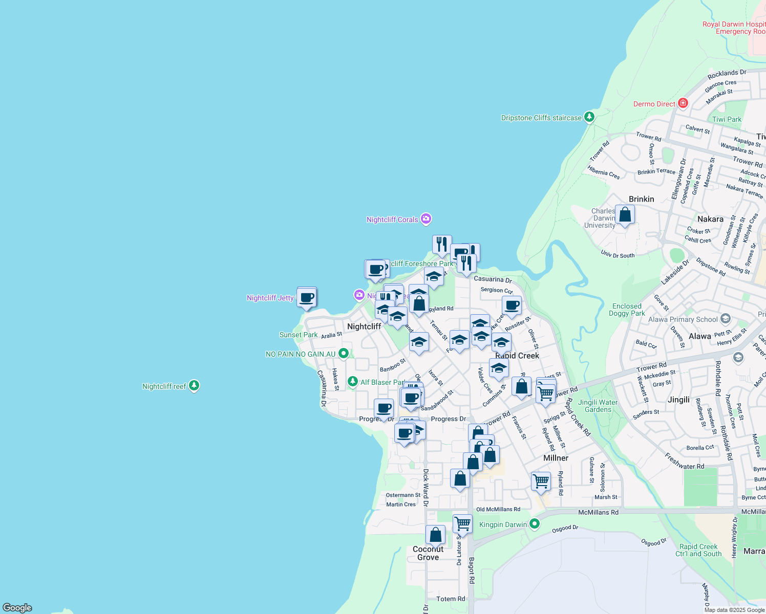 map of restaurants, bars, coffee shops, grocery stores, and more near 55 Aralia Street in Nightcliff