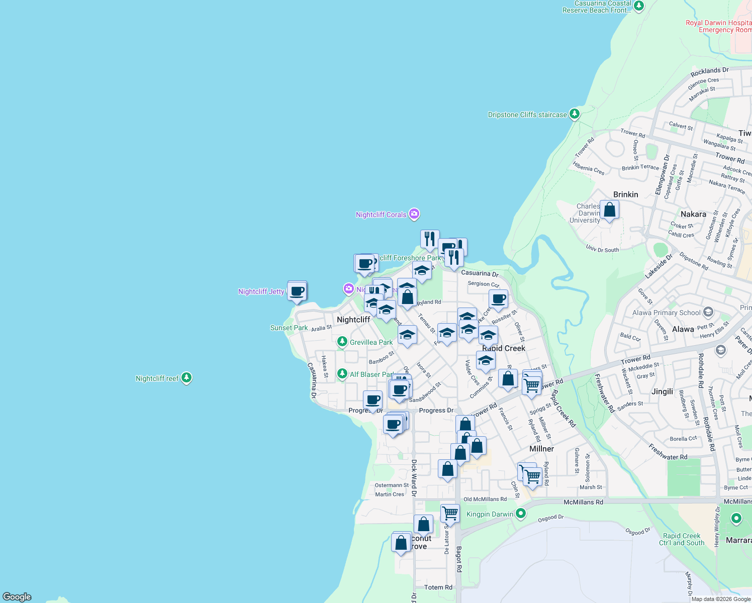 map of restaurants, bars, coffee shops, grocery stores, and more near 57 Aralia Street in Nightcliff