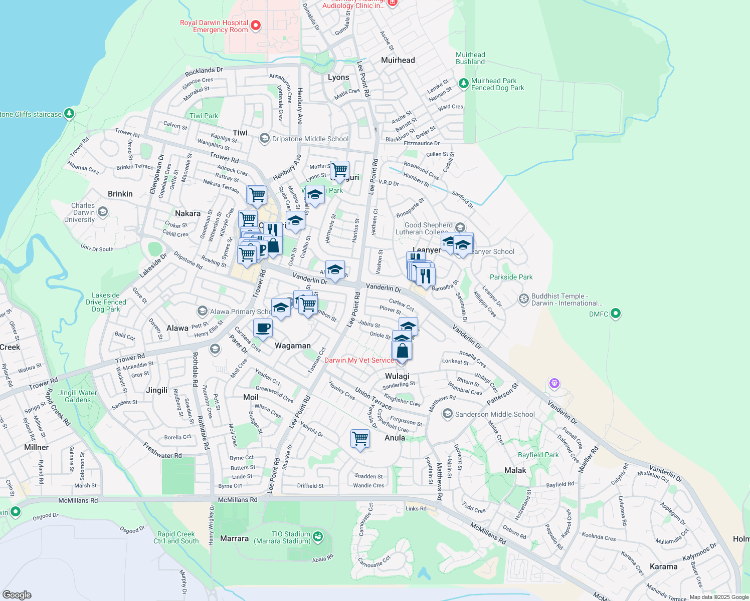 map of restaurants, bars, coffee shops, grocery stores, and more near 49 Curlew Circuit in Wulagi