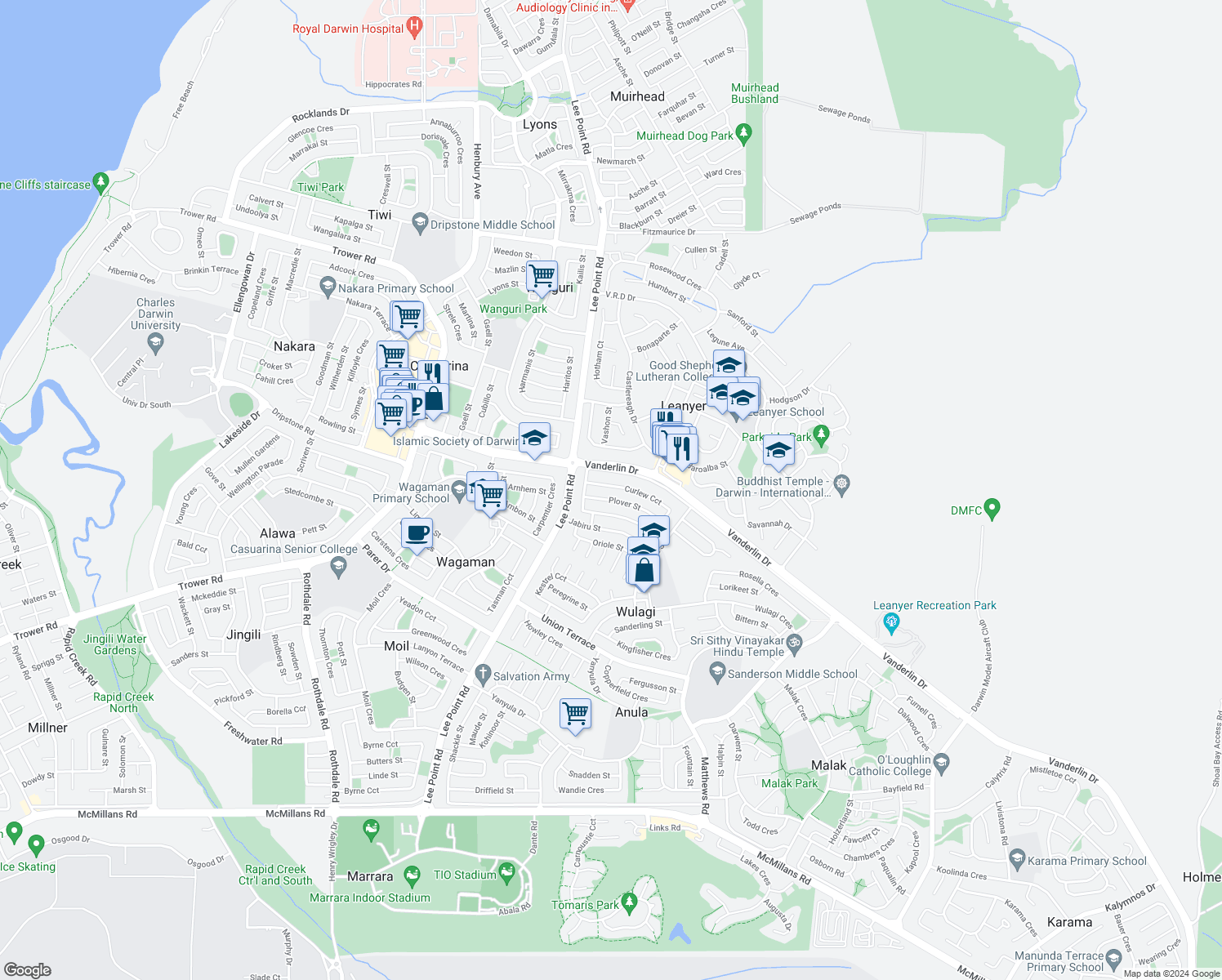 map of restaurants, bars, coffee shops, grocery stores, and more near 43 Curlew Circuit in Wulagi