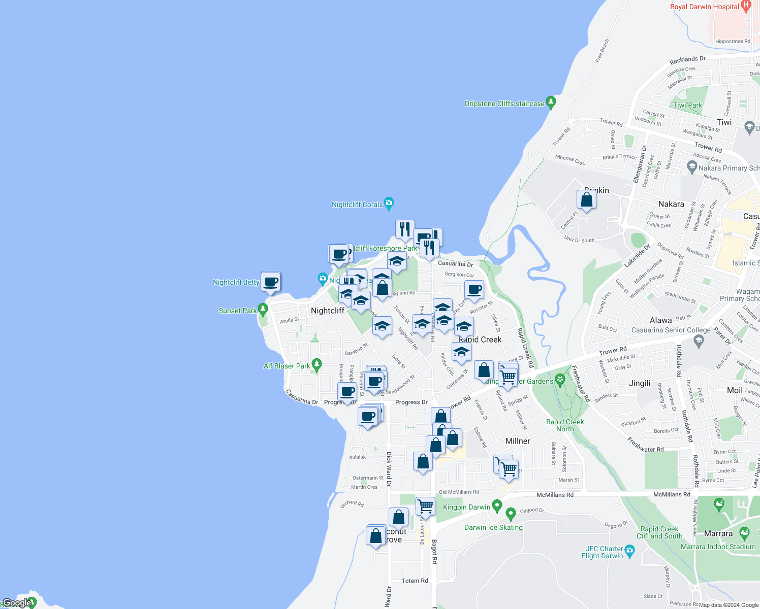 map of restaurants, bars, coffee shops, grocery stores, and more near 82 Nightcliff Road in Nightcliff