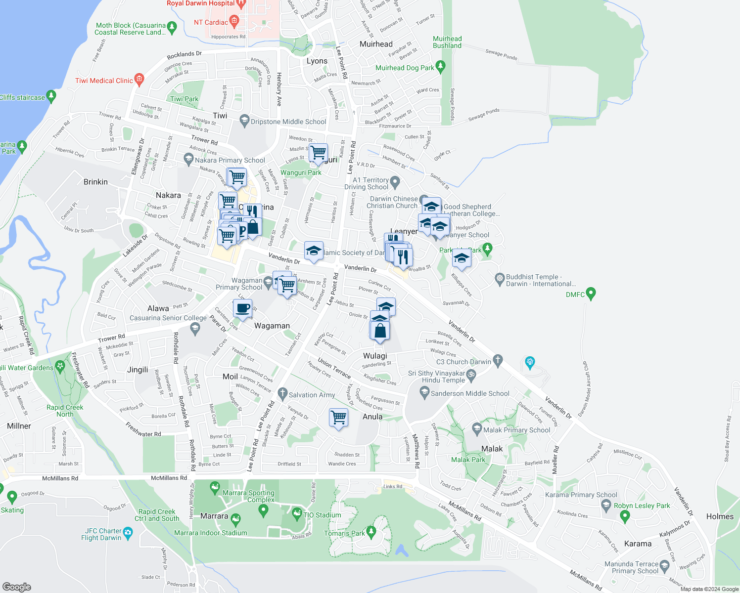 map of restaurants, bars, coffee shops, grocery stores, and more near 81 Curlew Circuit in Wulagi