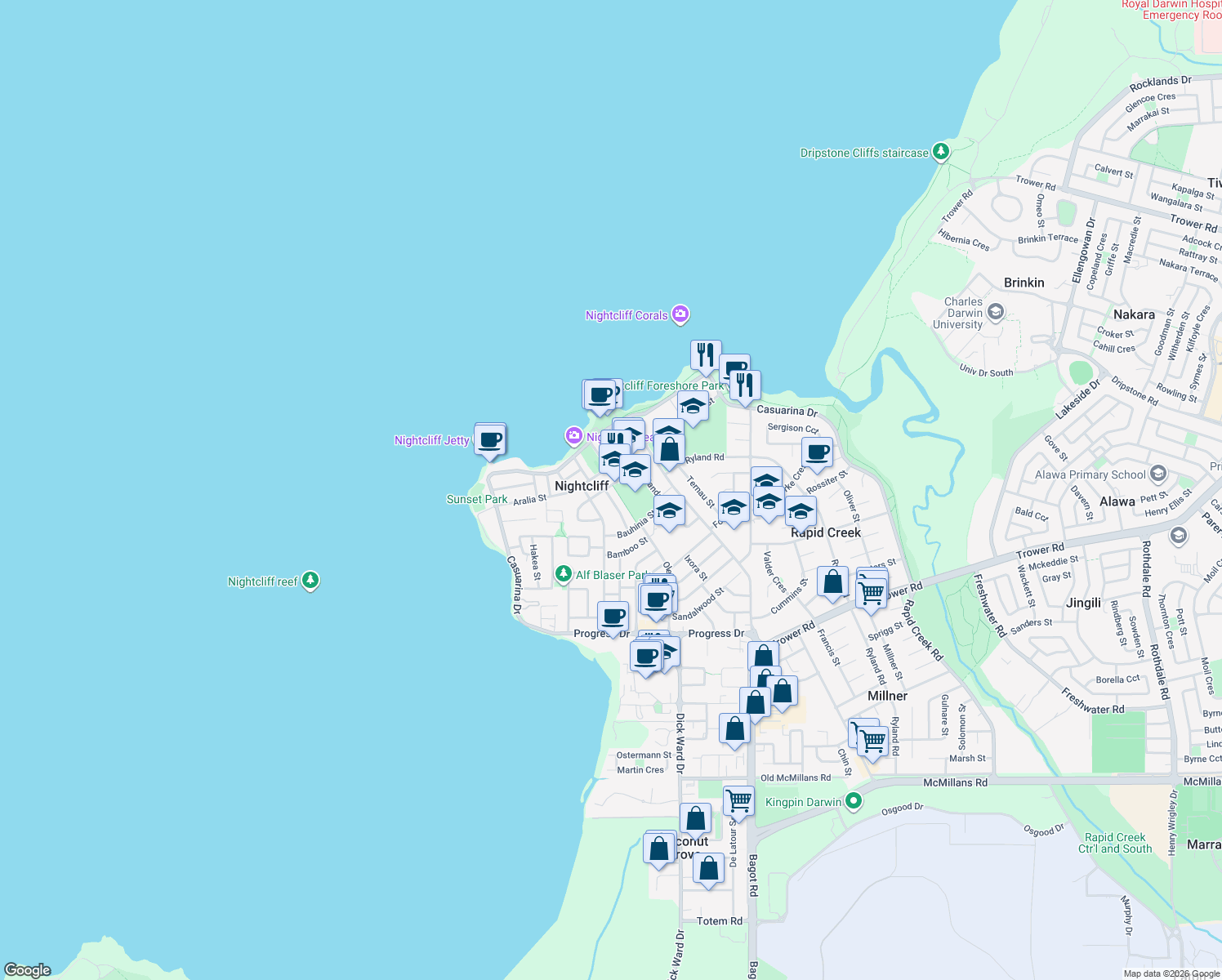map of restaurants, bars, coffee shops, grocery stores, and more near 18 Cunjevoi Crescent in Nightcliff