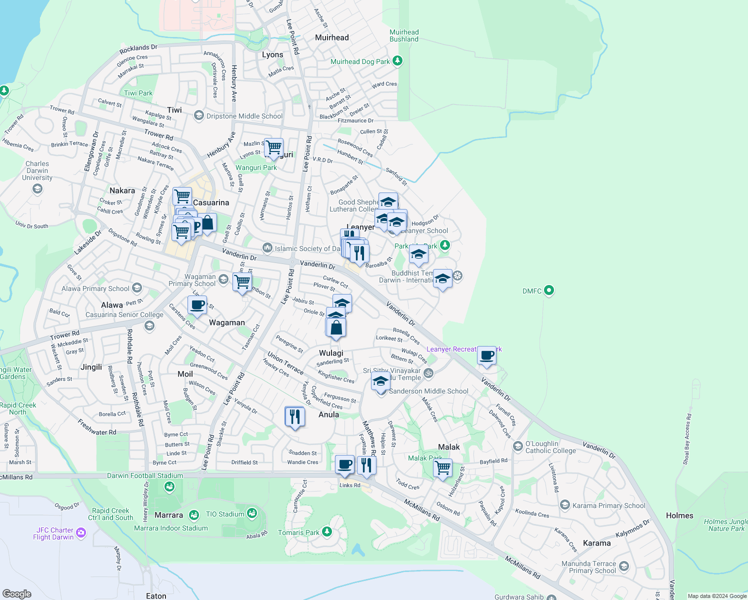 map of restaurants, bars, coffee shops, grocery stores, and more near 122 Vanderlin Drive in Wulagi