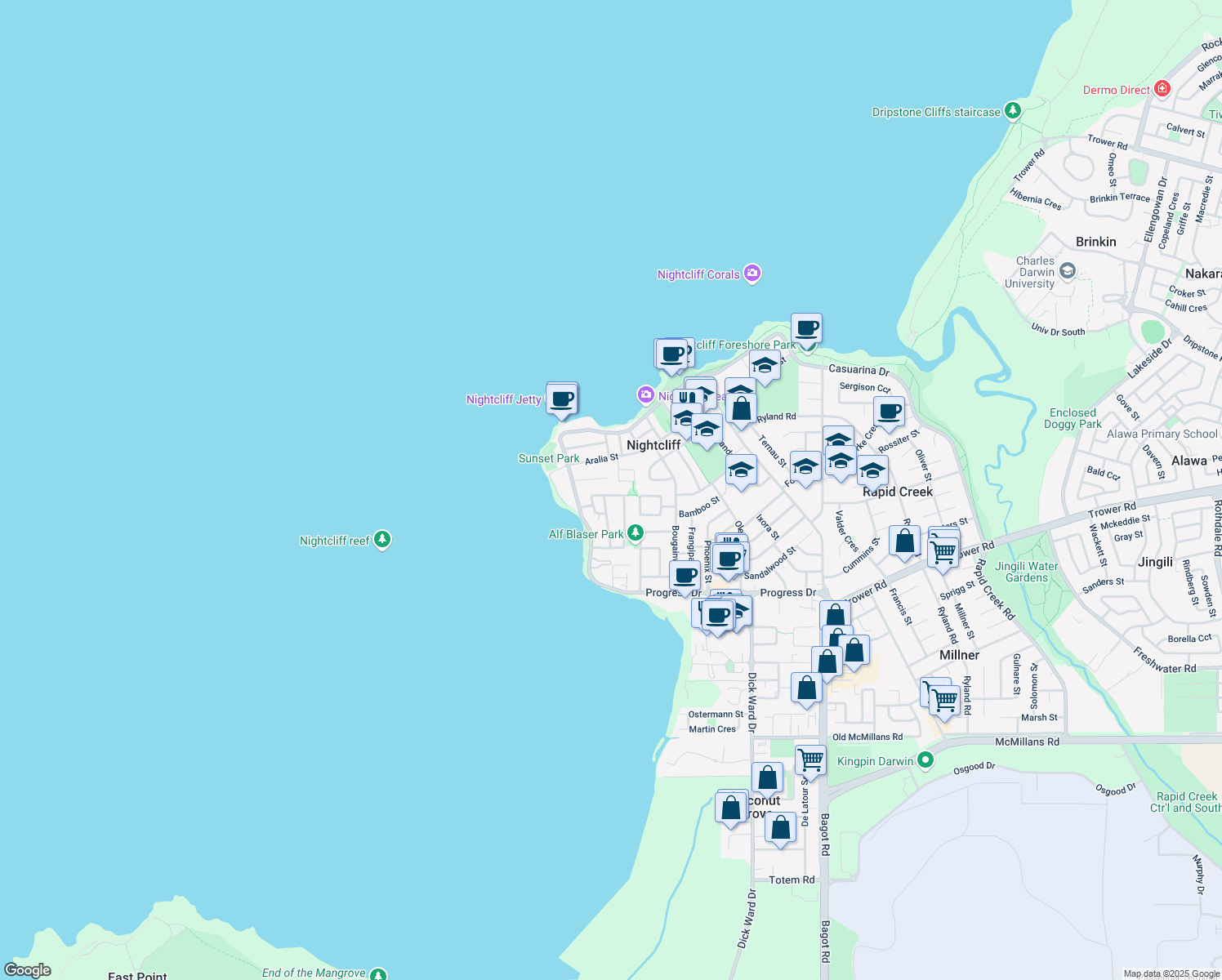 map of restaurants, bars, coffee shops, grocery stores, and more near 56 Kurrajong Crescent in Nightcliff