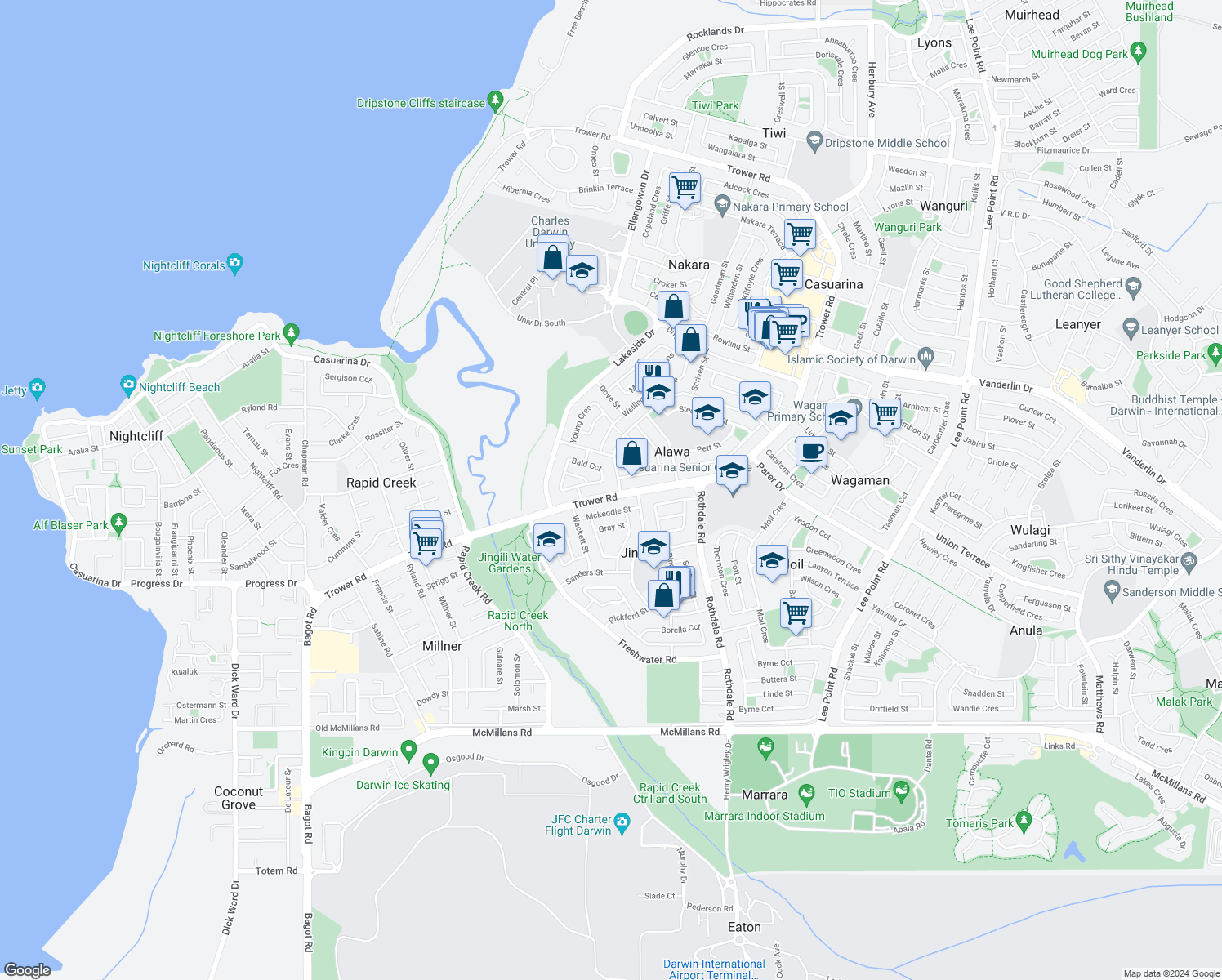 map of restaurants, bars, coffee shops, grocery stores, and more near 141 Trower Road in Alawa