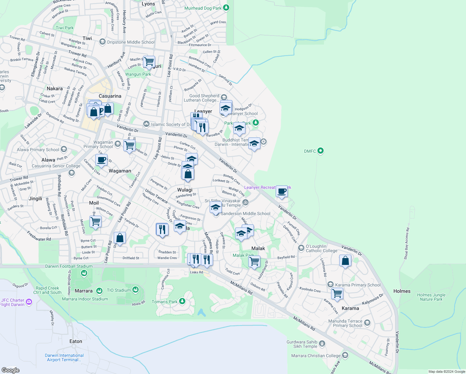map of restaurants, bars, coffee shops, grocery stores, and more near 77 Wulagi Crescent in Wulagi