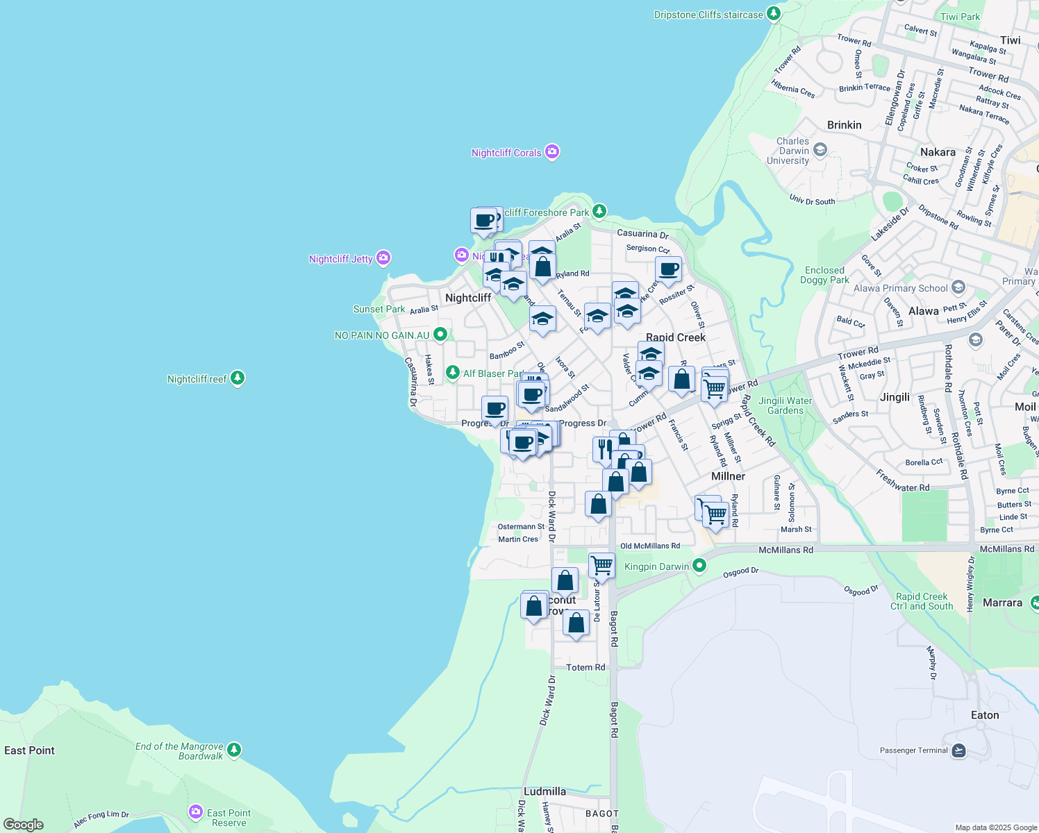 map of restaurants, bars, coffee shops, grocery stores, and more near 48 Progress Drive in Nightcliff